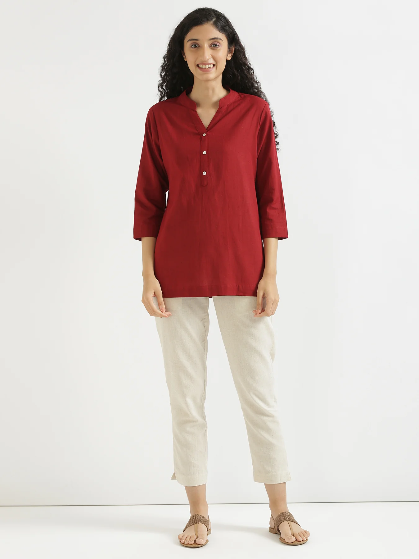 Women Ecru & Maroon Short Kurta - Image 18