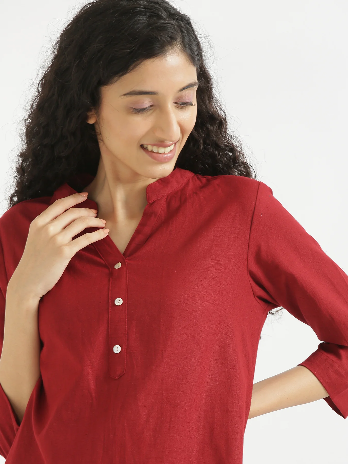 Women Ecru & Maroon Short Kurta - Image 3