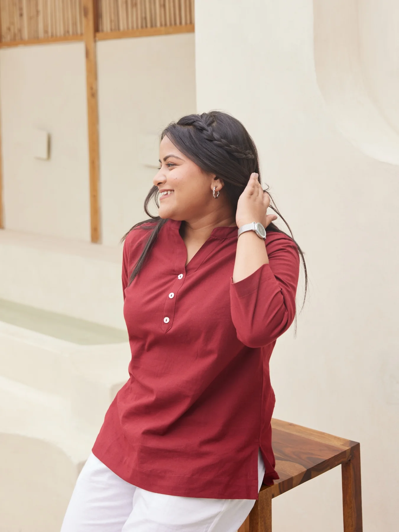Women Ecru & Maroon Short Kurta - Image 5