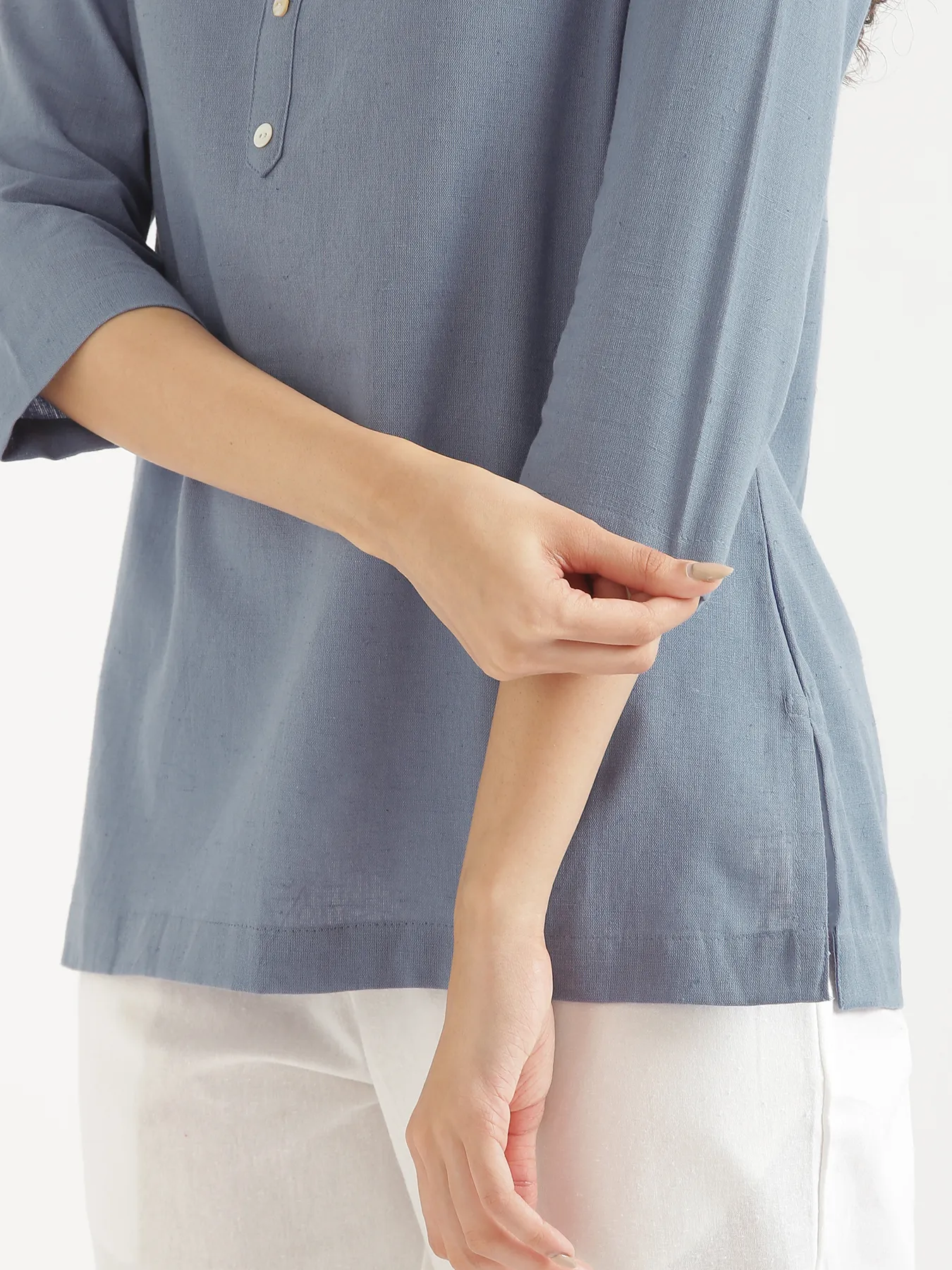 Women English Blue Airy Linen Short Kurta - Image 13