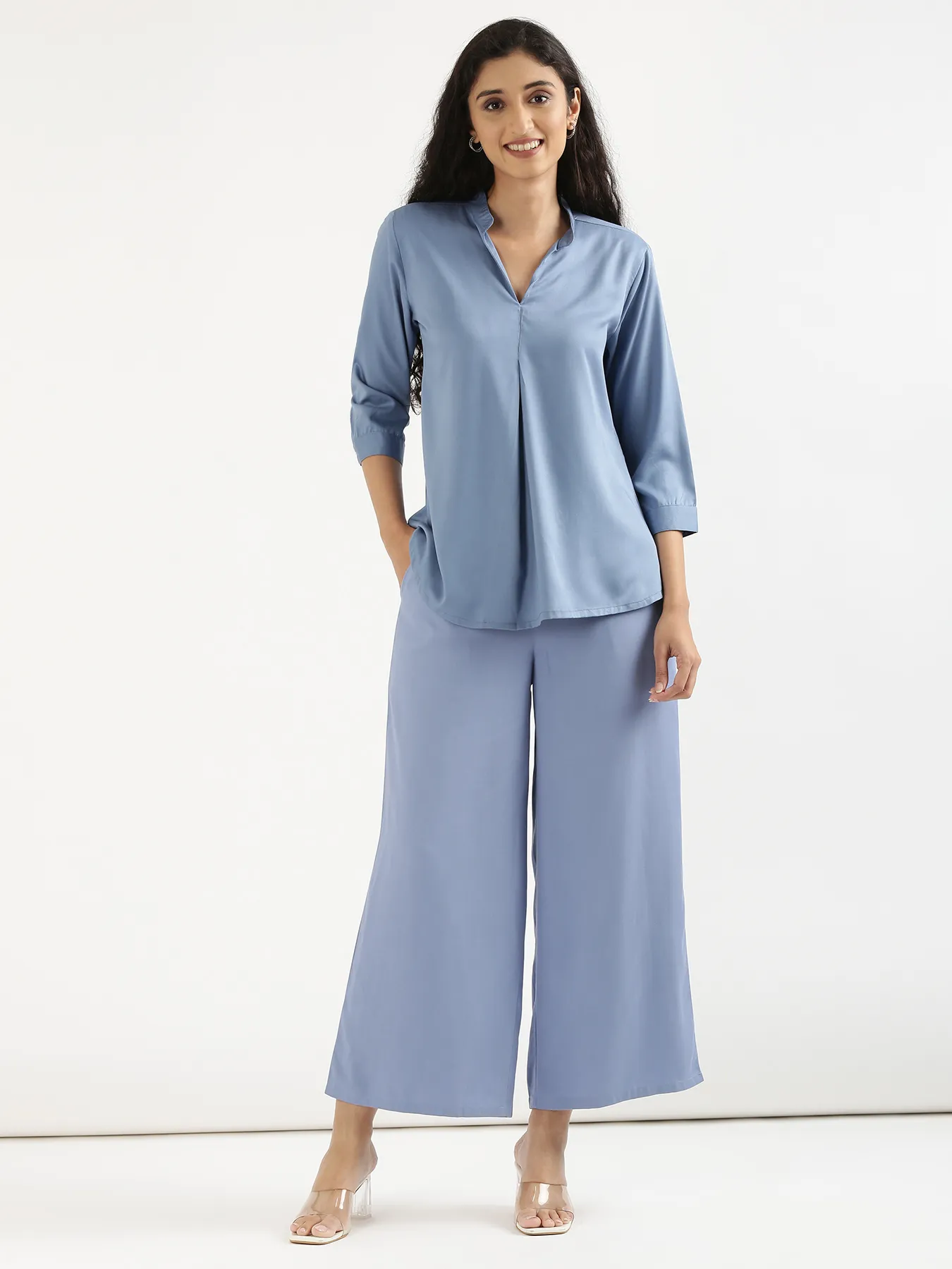 Women English Blue Viscose Pleated Top - Image 3