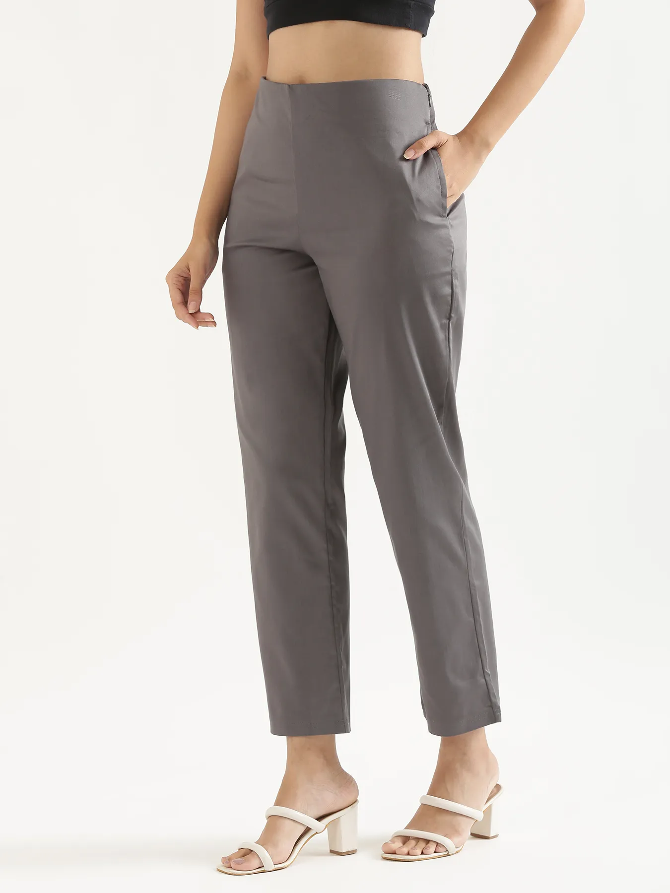 Women Plus Size German Grey Straight Fit Formal Pants - Image 3