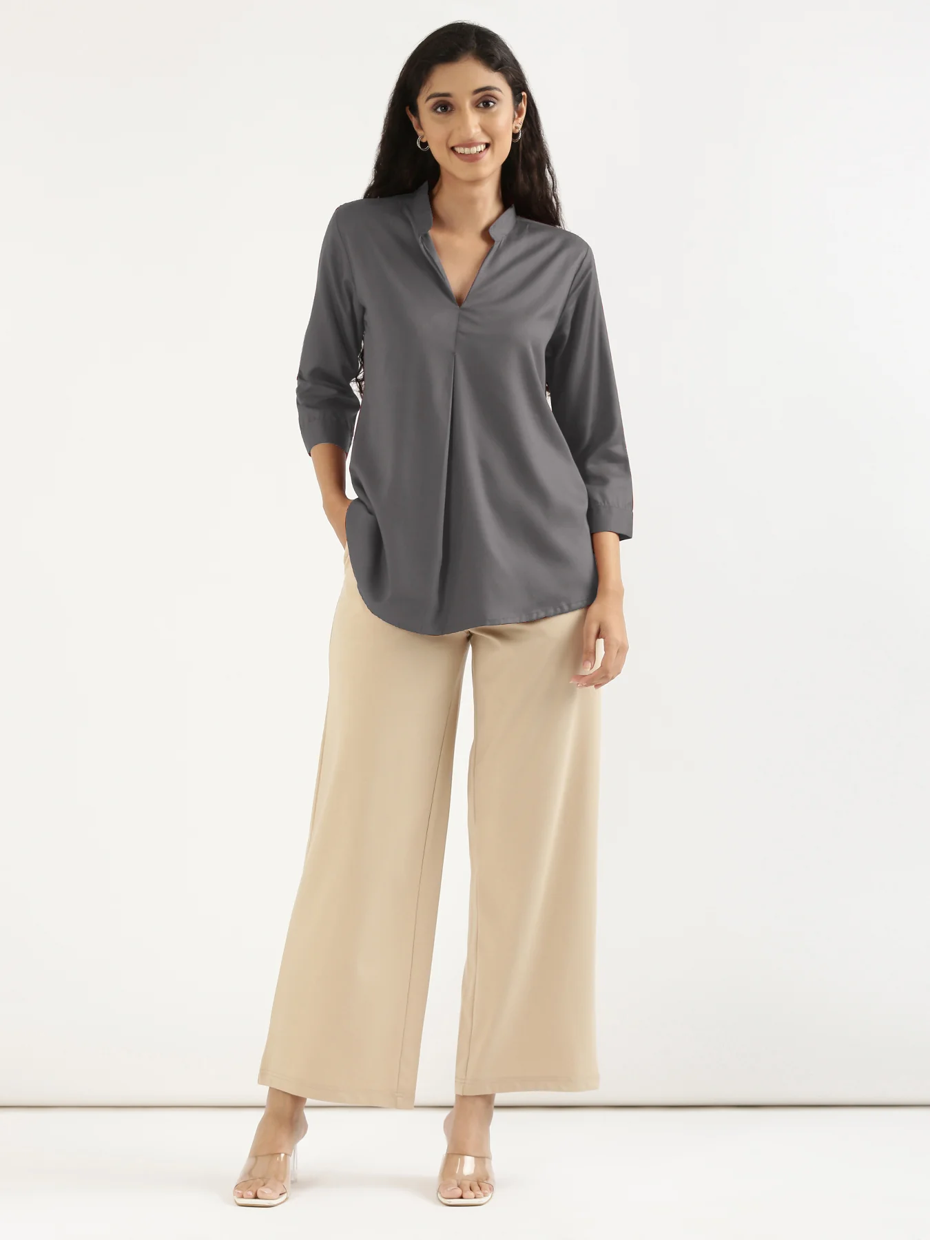 Women Grey Viscose Pleated Top - Image 3