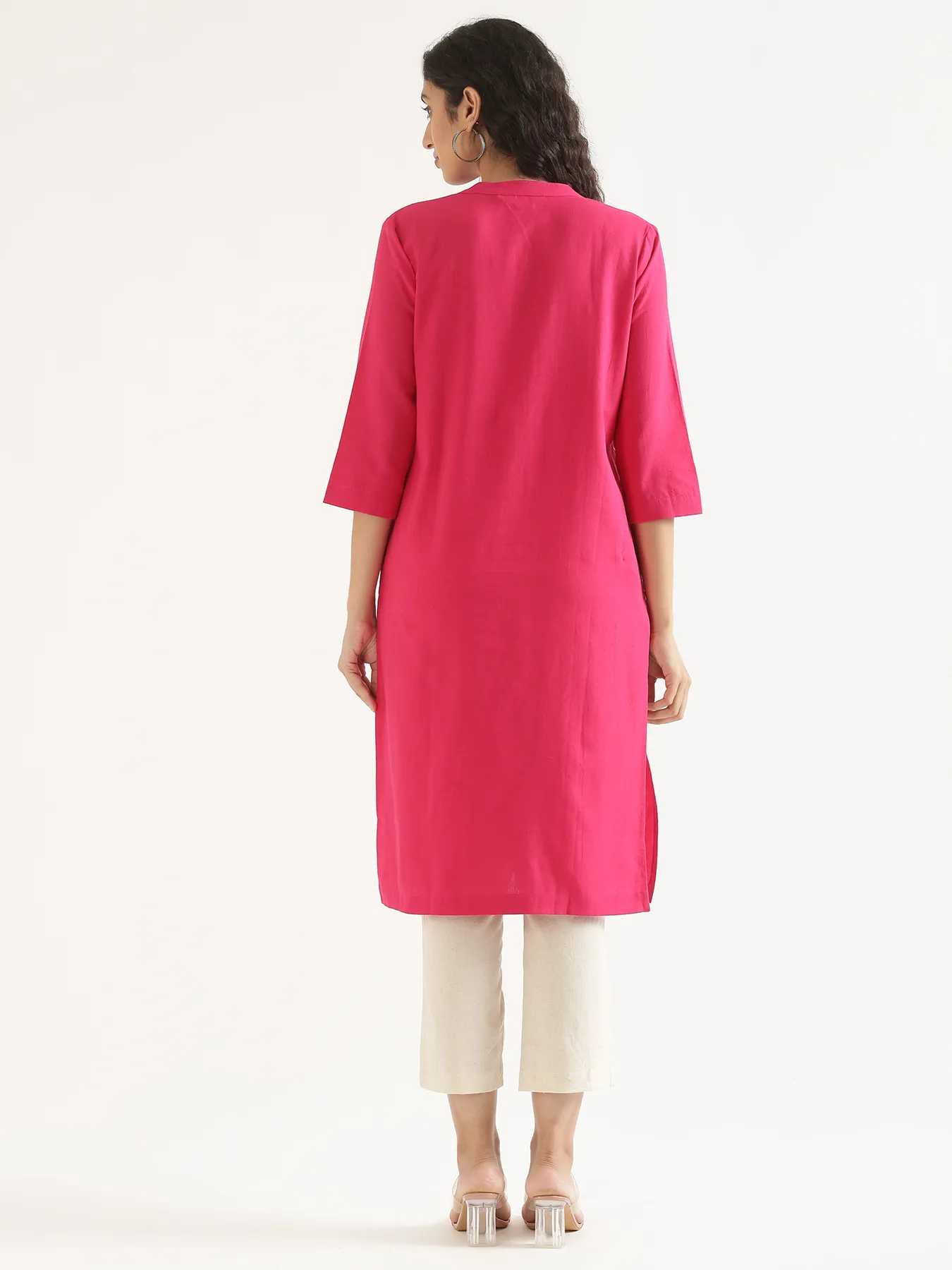 Women Hot Pink Airy Linen Long Kurta - Image 10