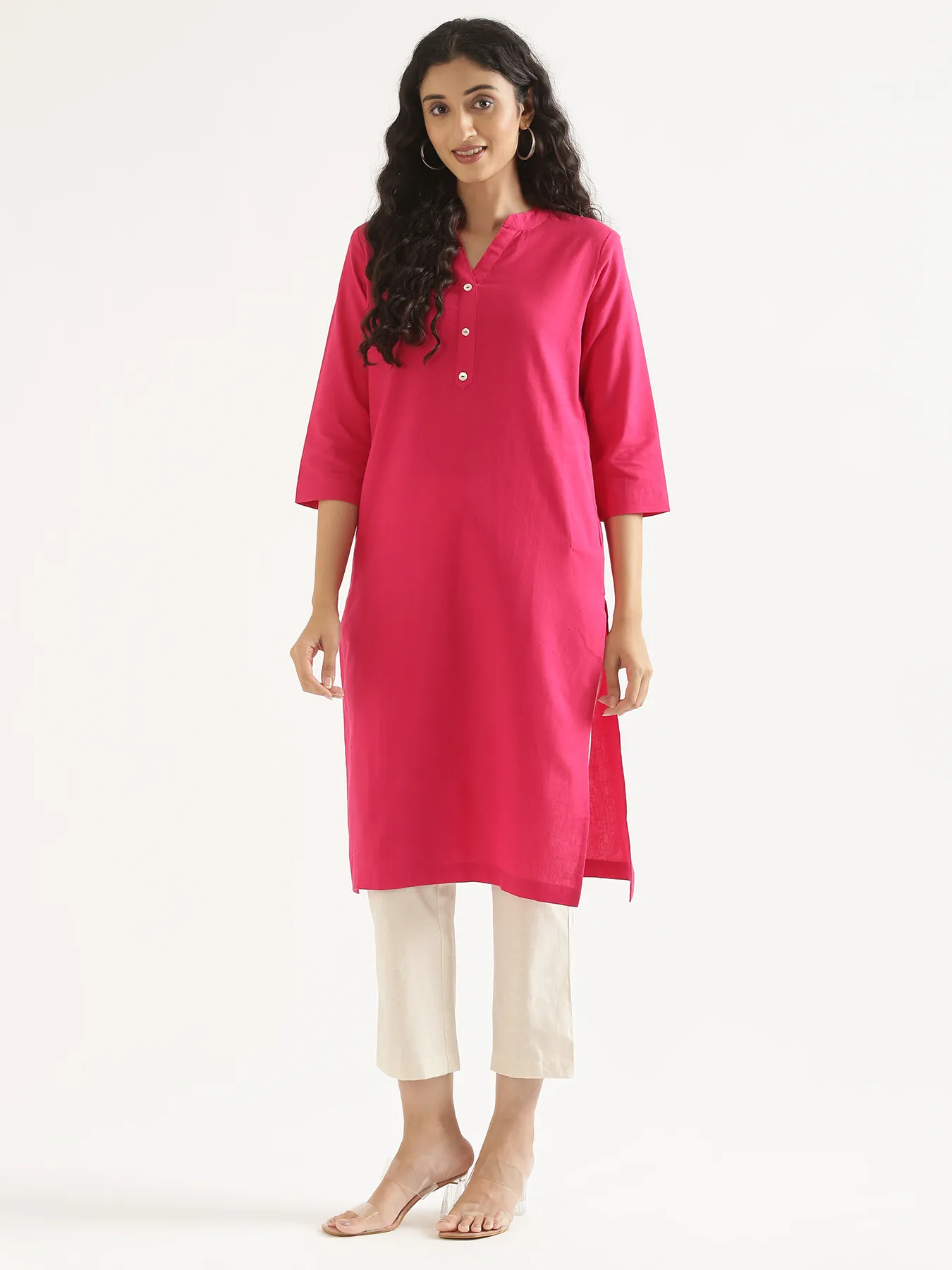Women Hot Pink Airy Linen Long Kurta - Image 11