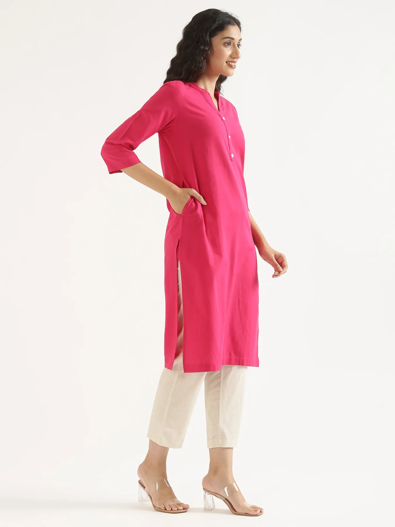 Women Hot Pink Airy Linen Long Kurta - Image 9