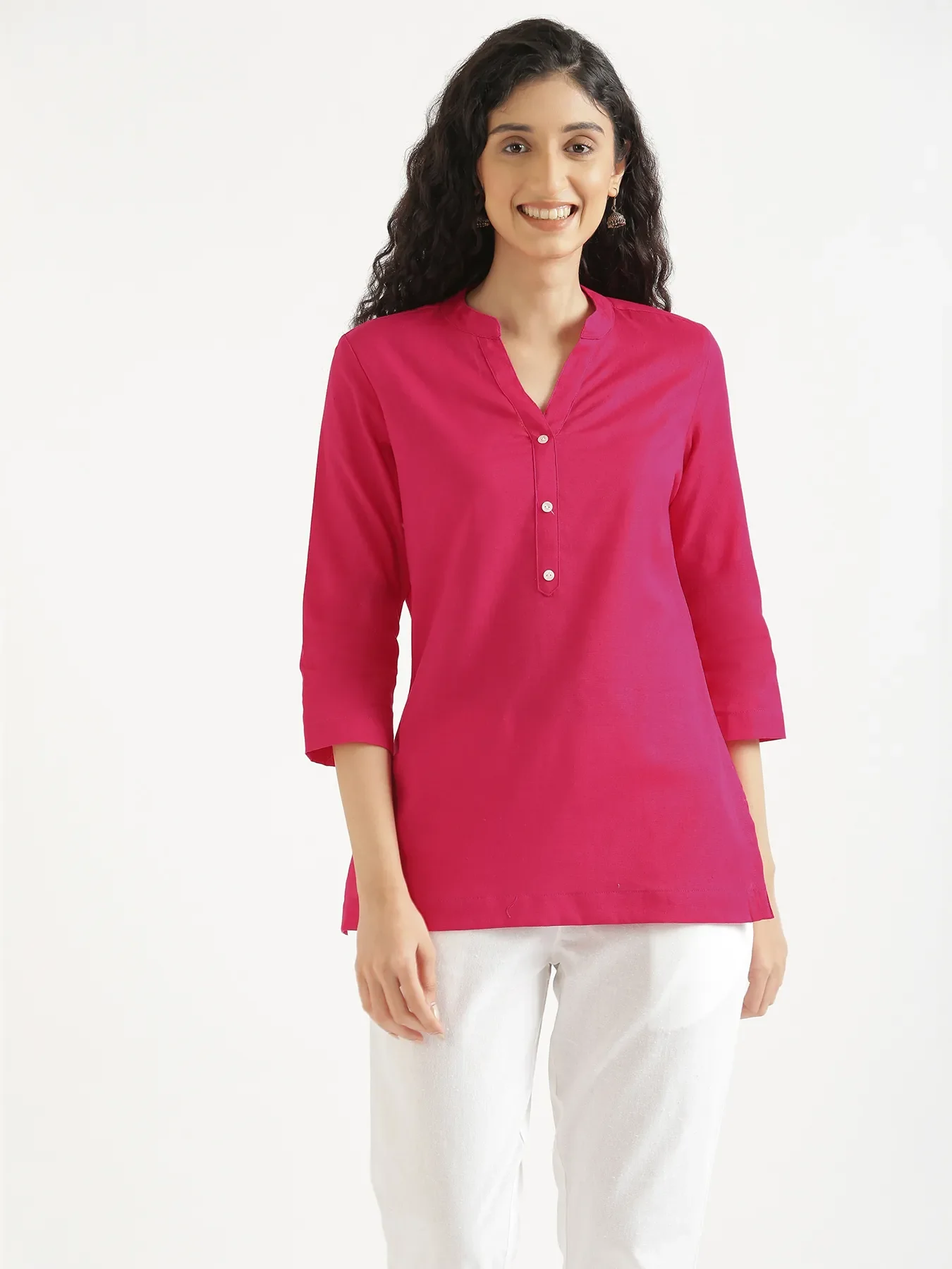 Women Hot Pink Airy Linen Short Kurta & White Cotton Pant Set - Image 10