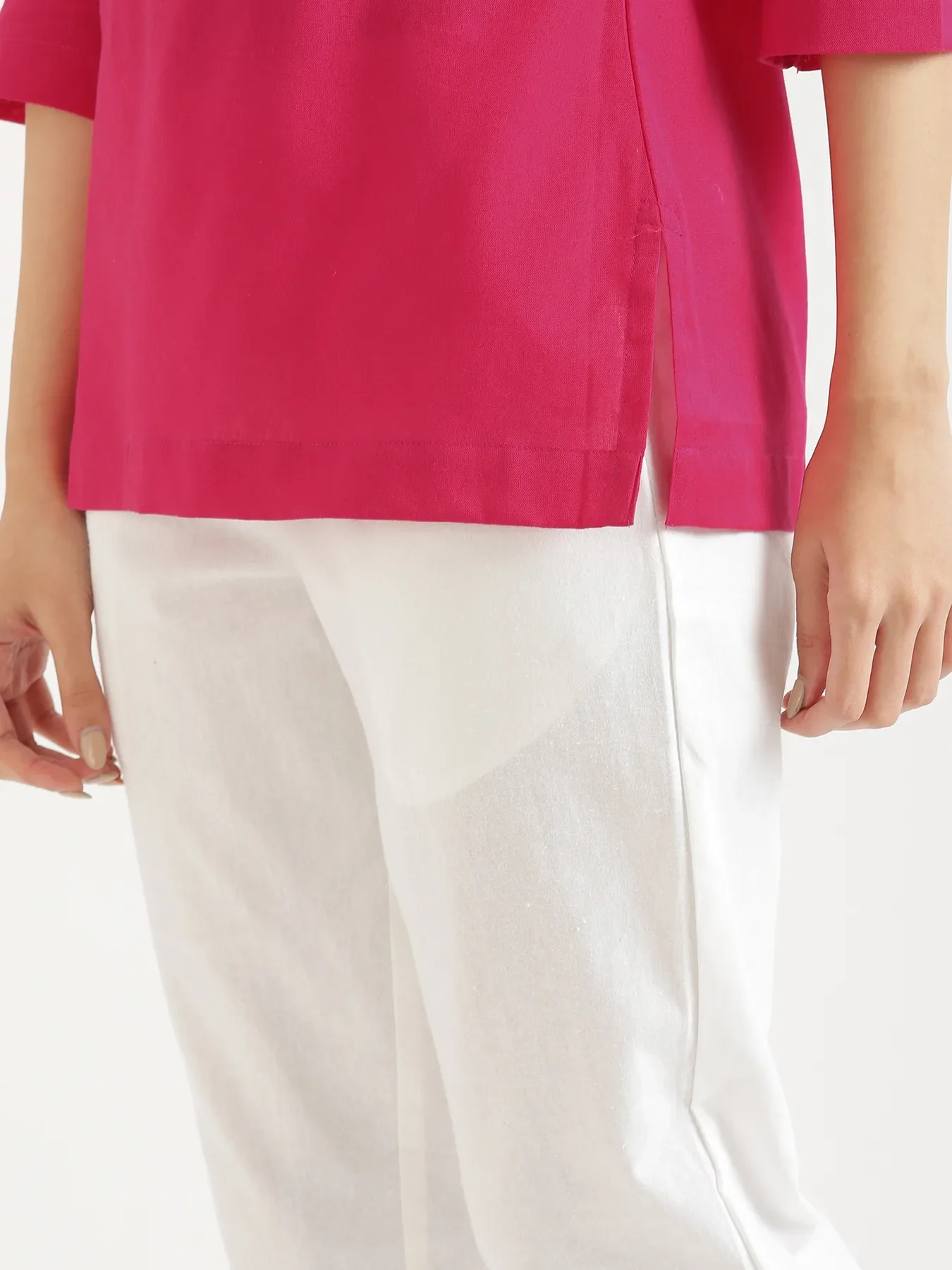 Women Hot Pink Airy Linen Short Kurta & White Cotton Pant Set - Image 11