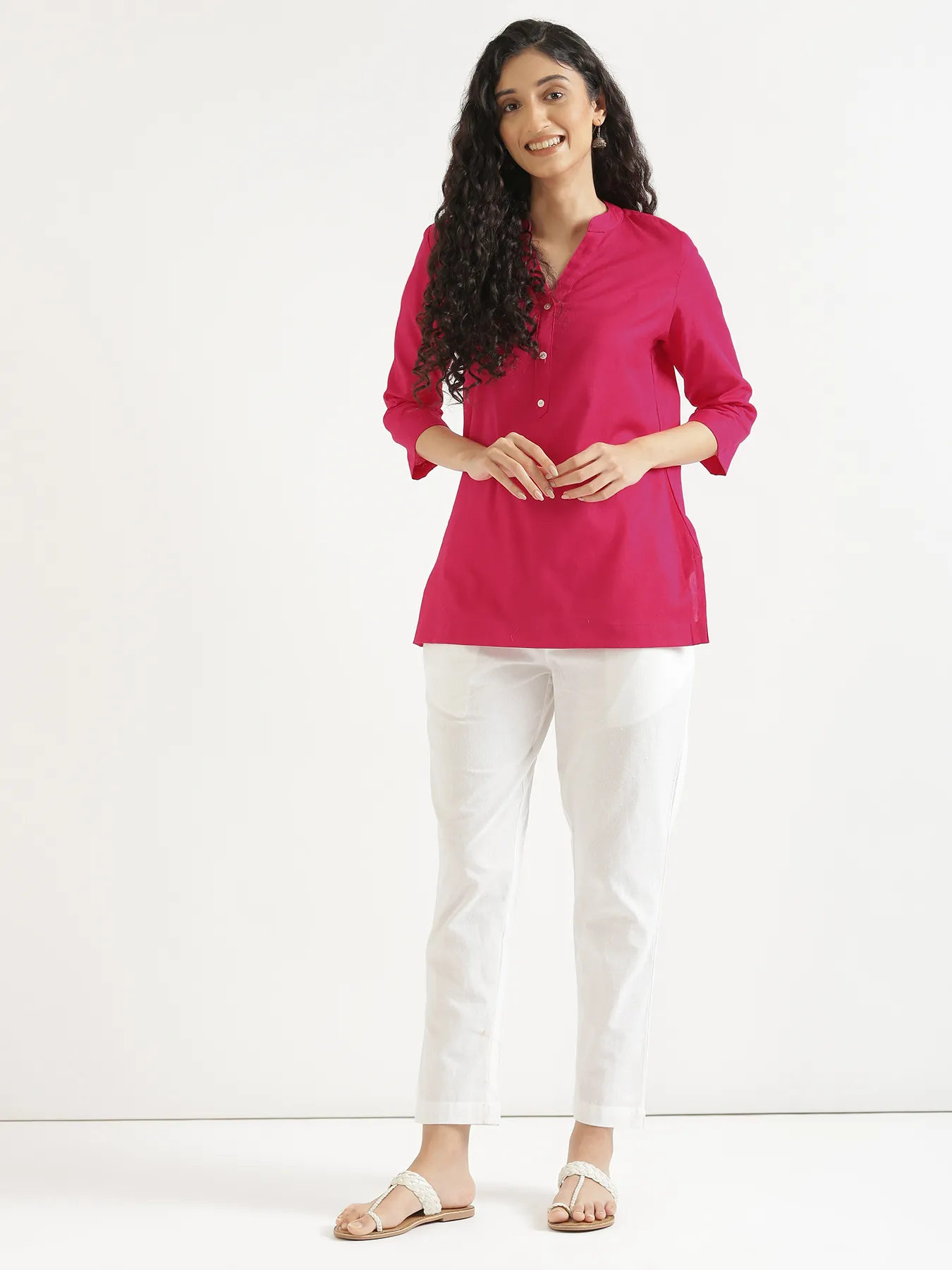 Women Hot Pink Airy Linen Short Kurta & White Cotton Pant Set - Image 3