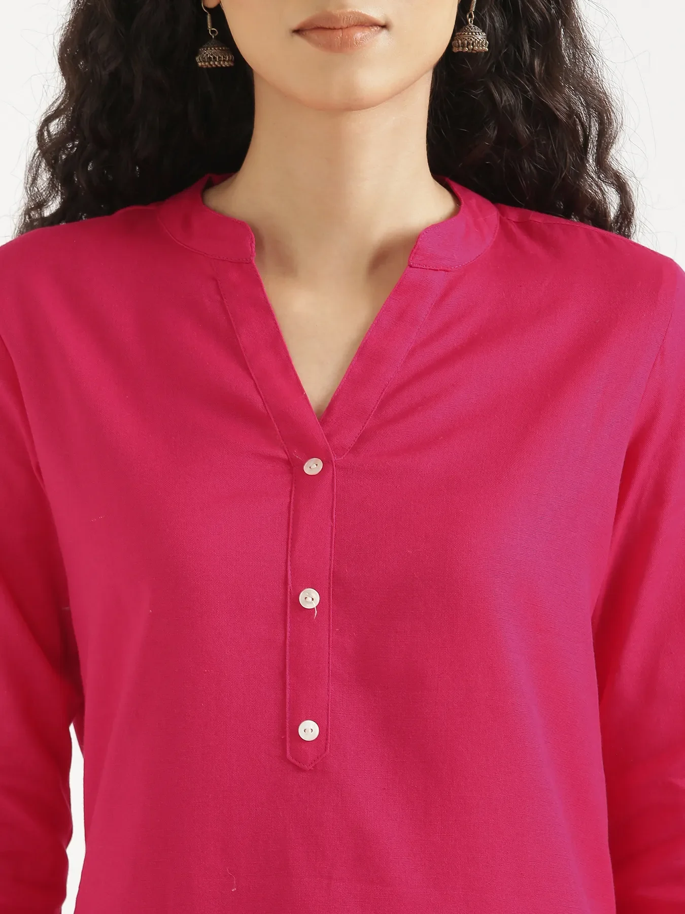 Women Hot Pink Airy Linen Short Kurta & White Cotton Pant Set - Image 5