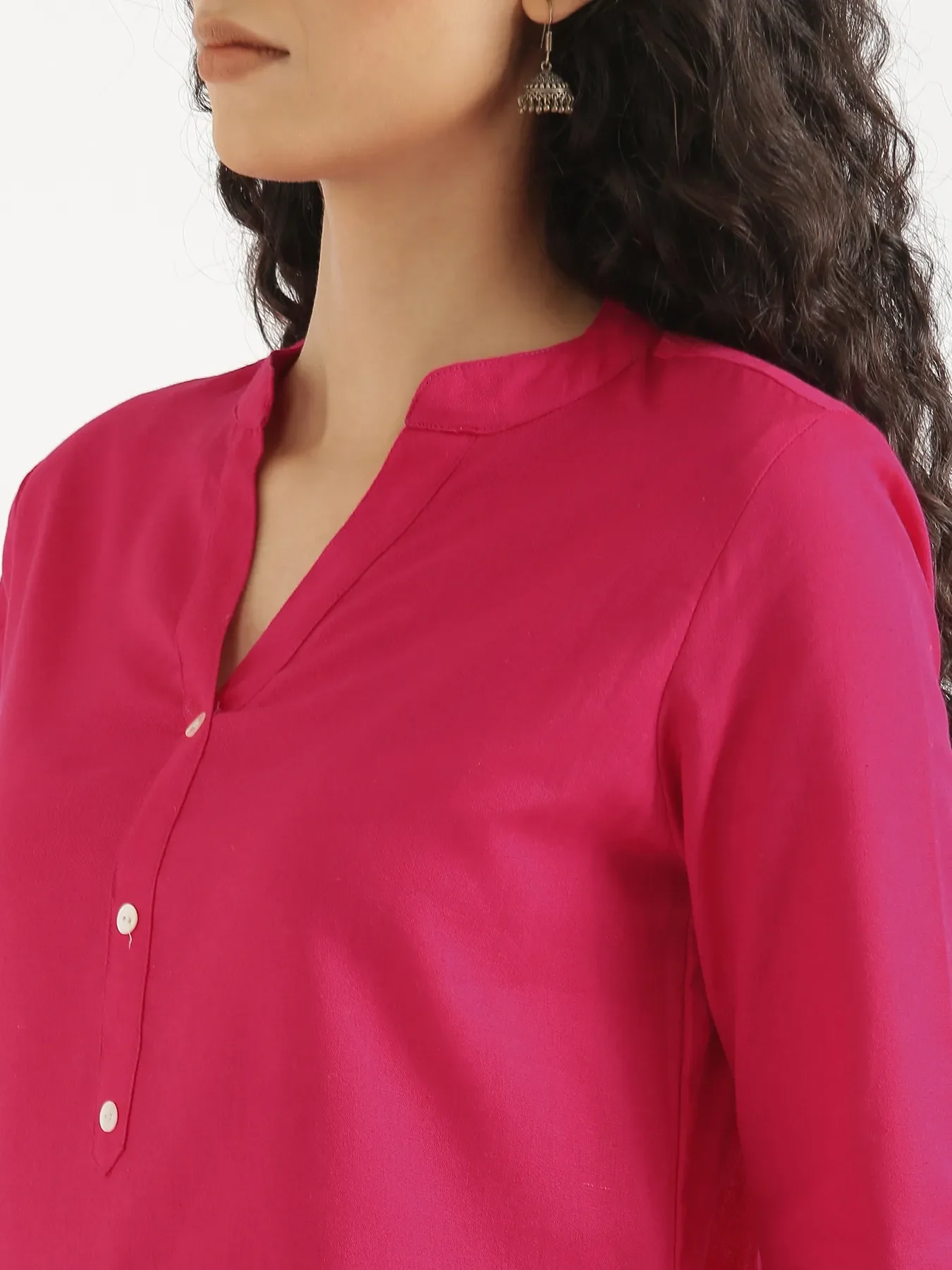 Women Hot Pink Airy Linen Short Kurta & White Cotton Pant Set - Image 6