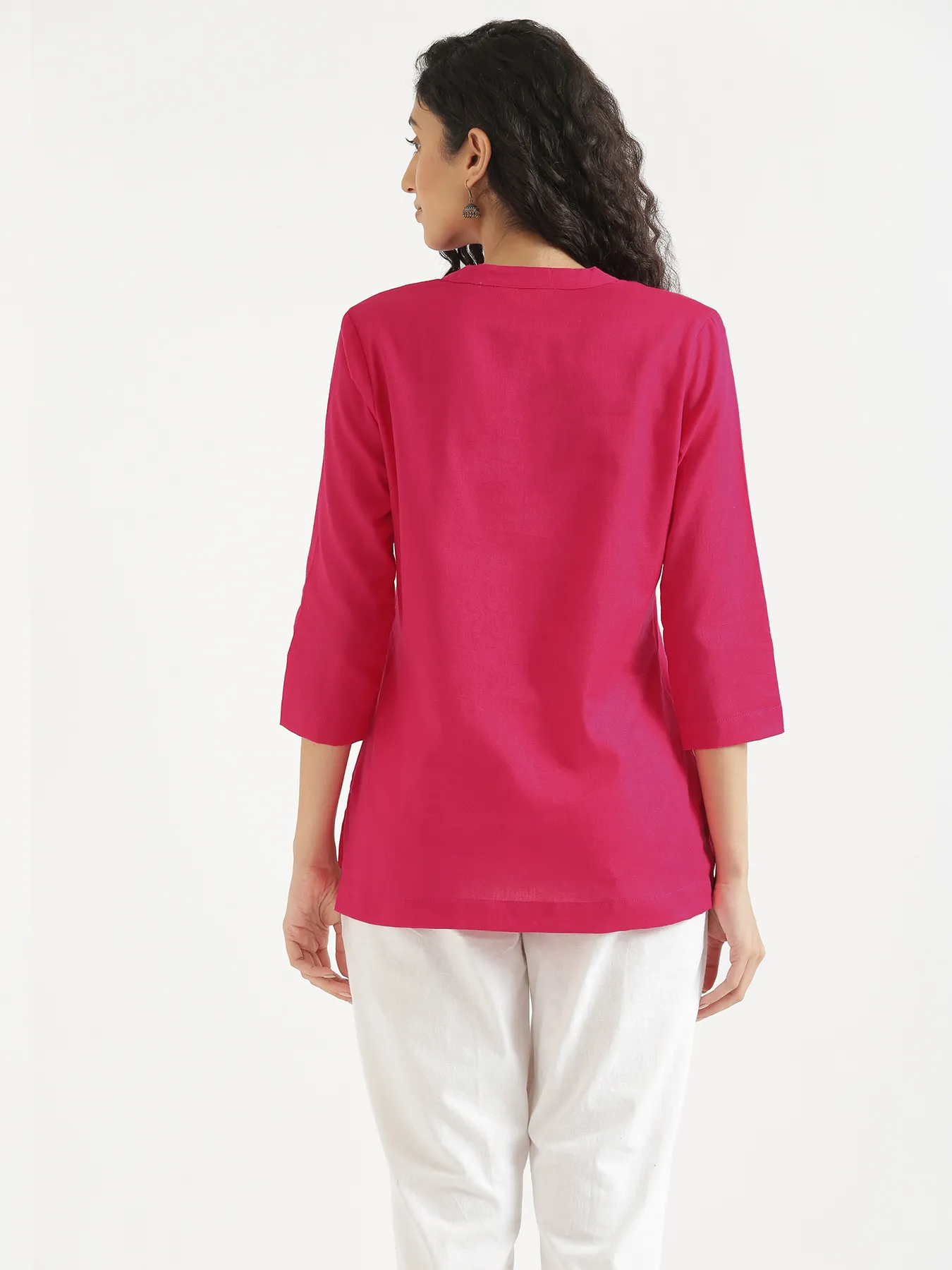 Women Hot Pink Airy Linen Short Kurta & White Cotton Pant Set - Image 7