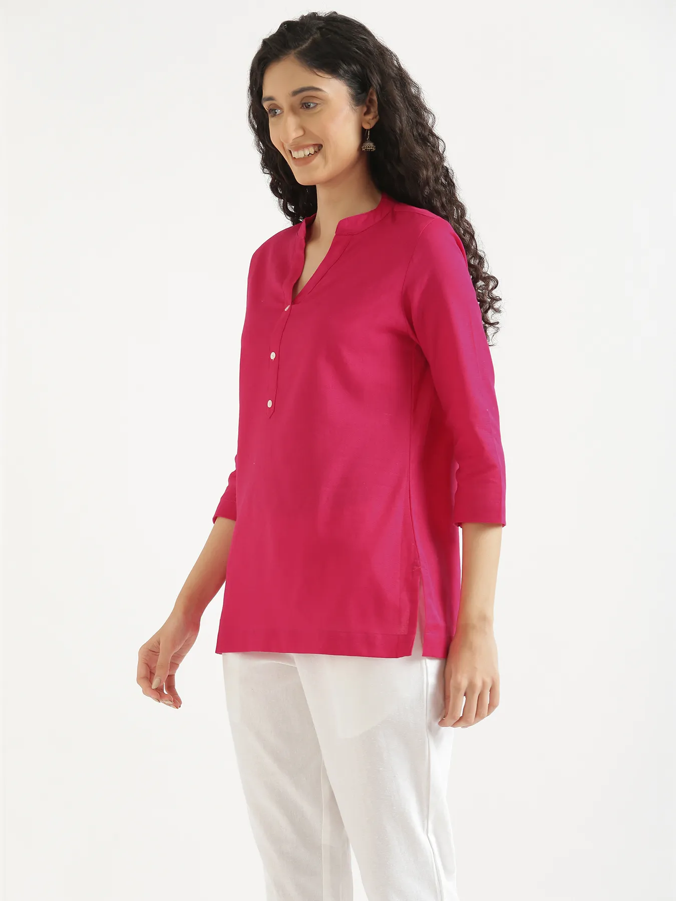 Women Hot Pink Airy Linen Short Kurta & White Cotton Pant Set - Image 8