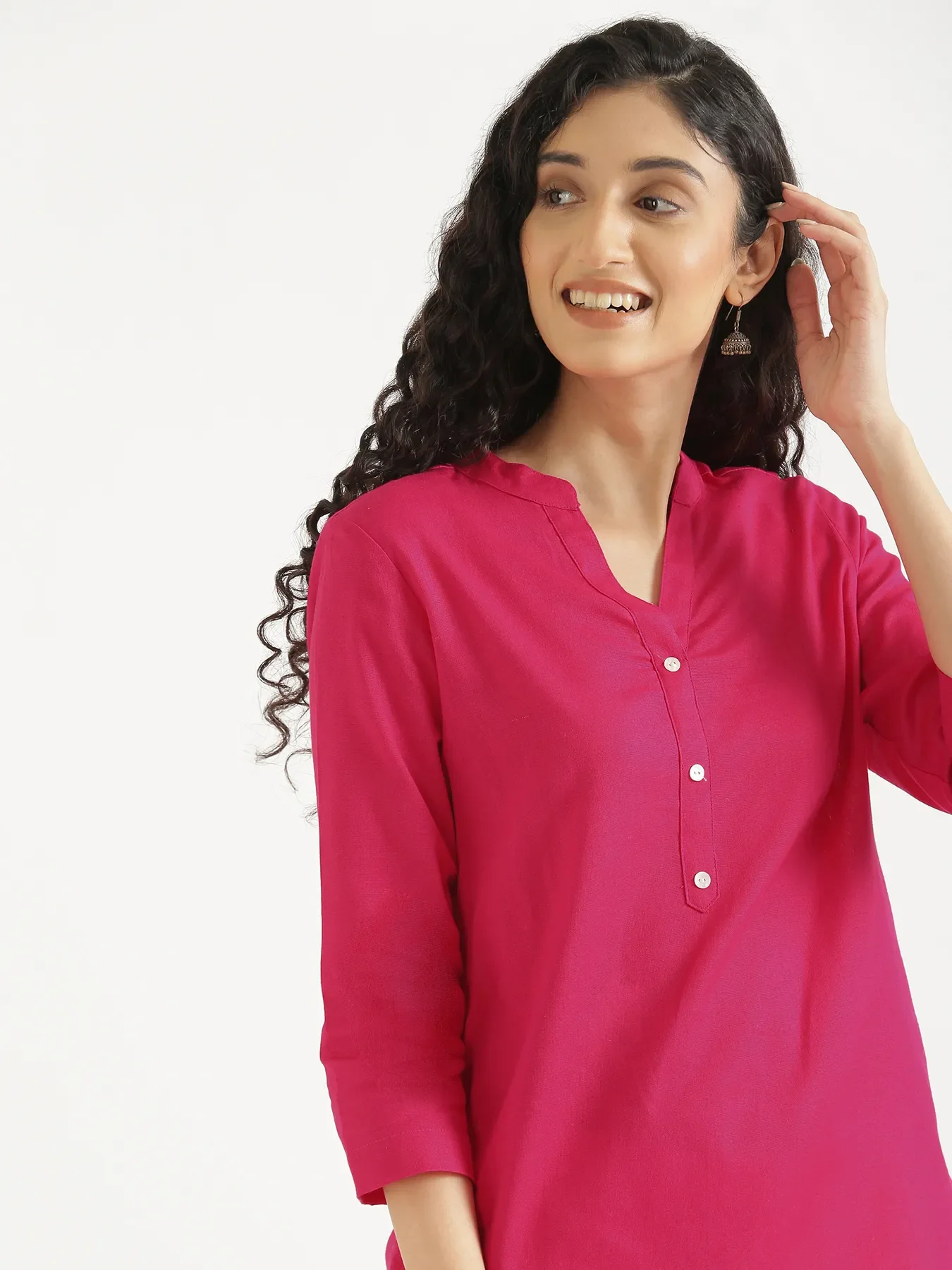 Women Hot Pink Airy Linen Short Kurta & White Cotton Pant Set - Image 9