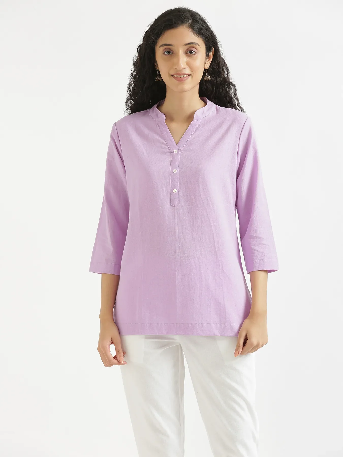 Women Lilac Airy Linen Short Kurta - Image 3