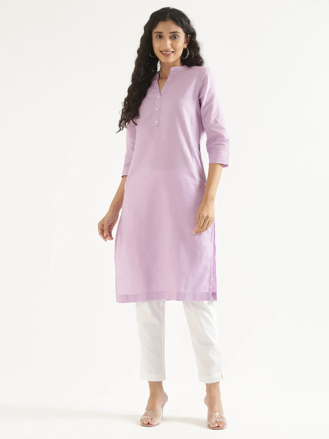 Women Lilac Airy Linen Long Kurta & White Cotton Pant Set - Image 3