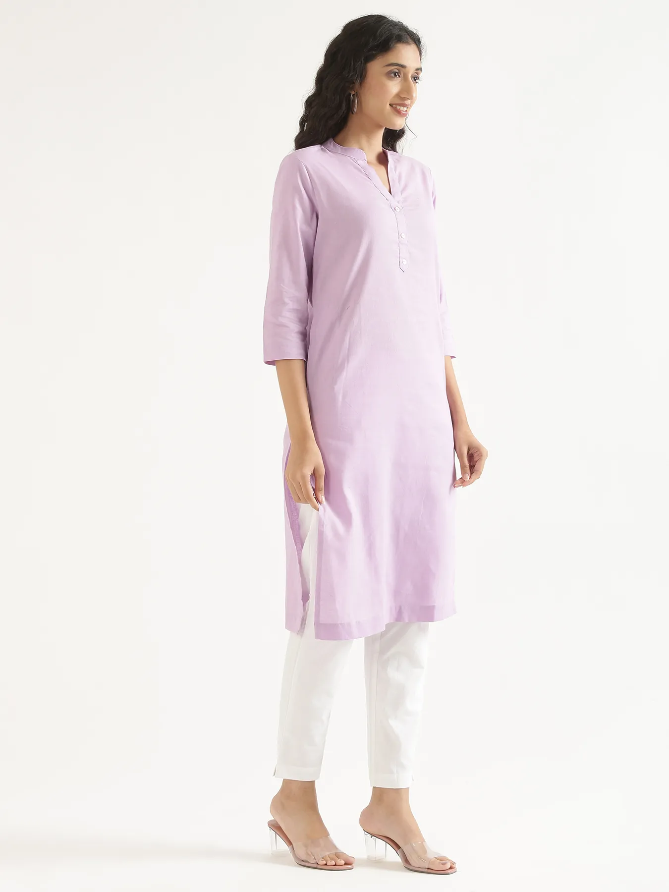 Women Lilac Airy Linen Long Kurta & White Cotton Pant Set - Image 5