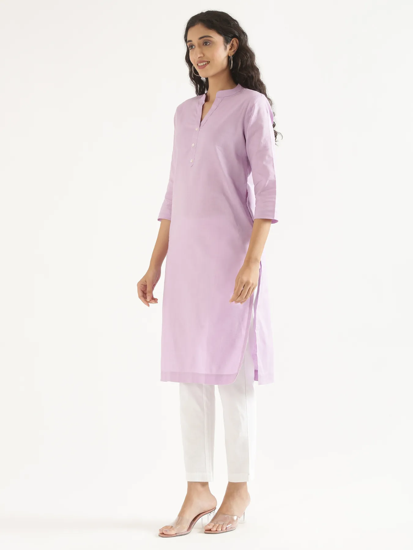 Women Lilac Airy Linen Long Kurta & White Cotton Pant Set - Image 6