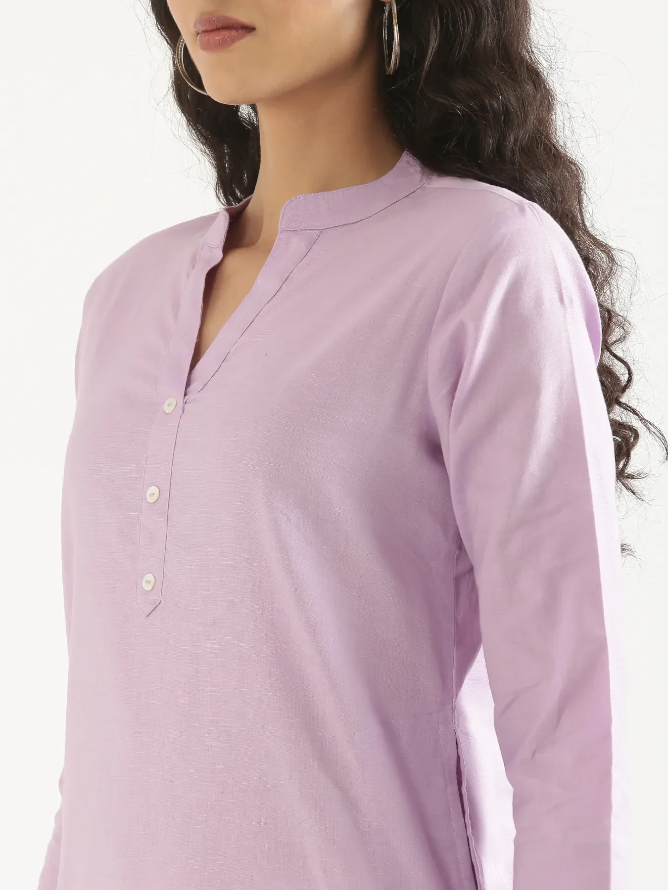 Women Lilac Airy Linen Long Kurta & White Cotton Pant Set - Image 7