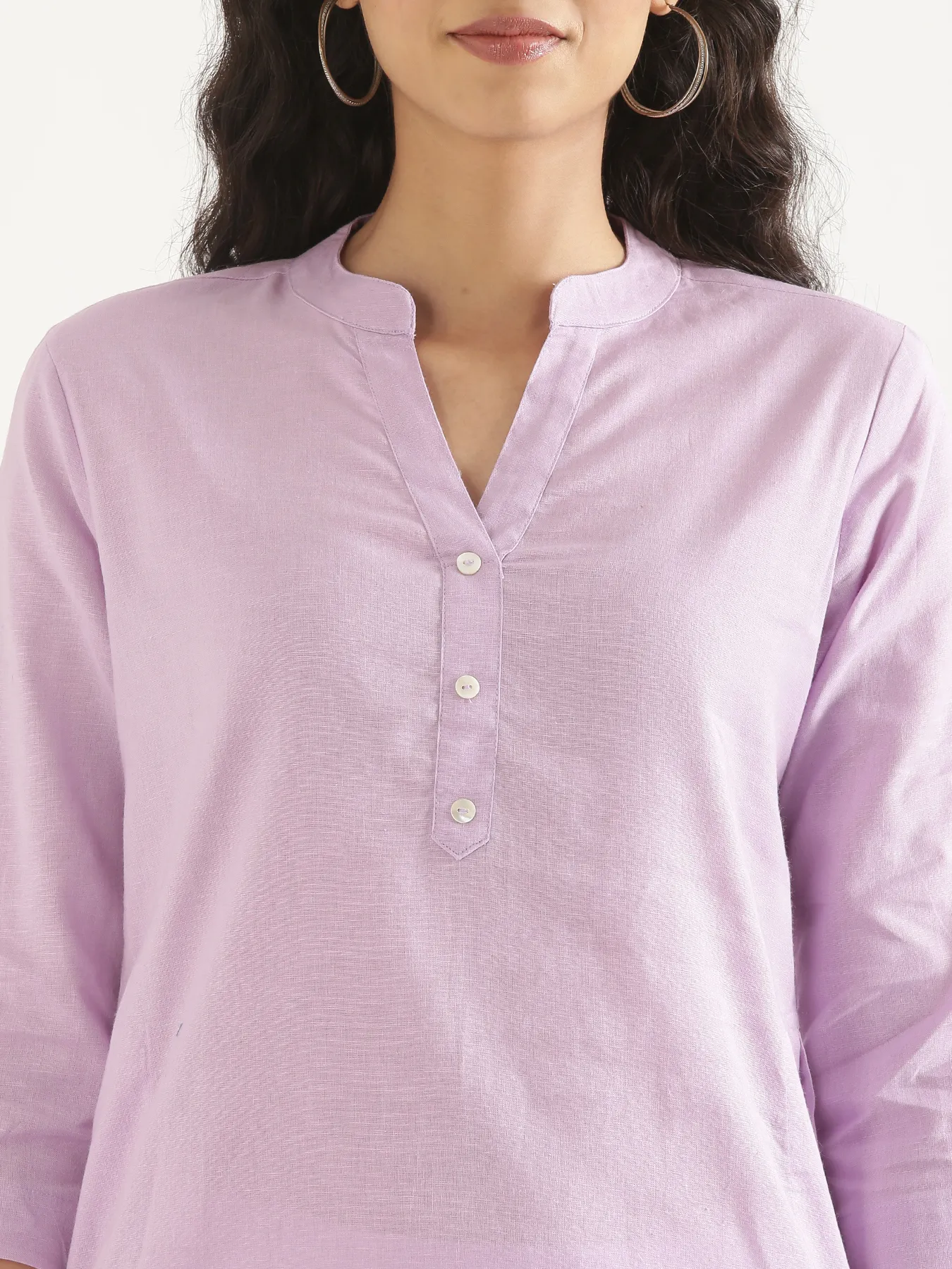 Women Lilac Airy Linen Long Kurta & White Cotton Pant Set - Image 9