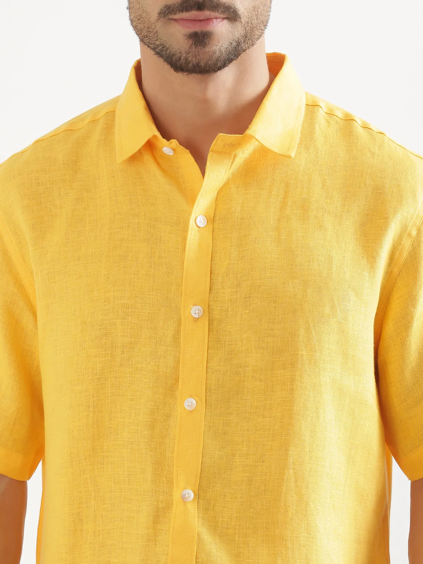 Men Mango Yellow 100% Linen Half Sleeve Shirt - Image 3