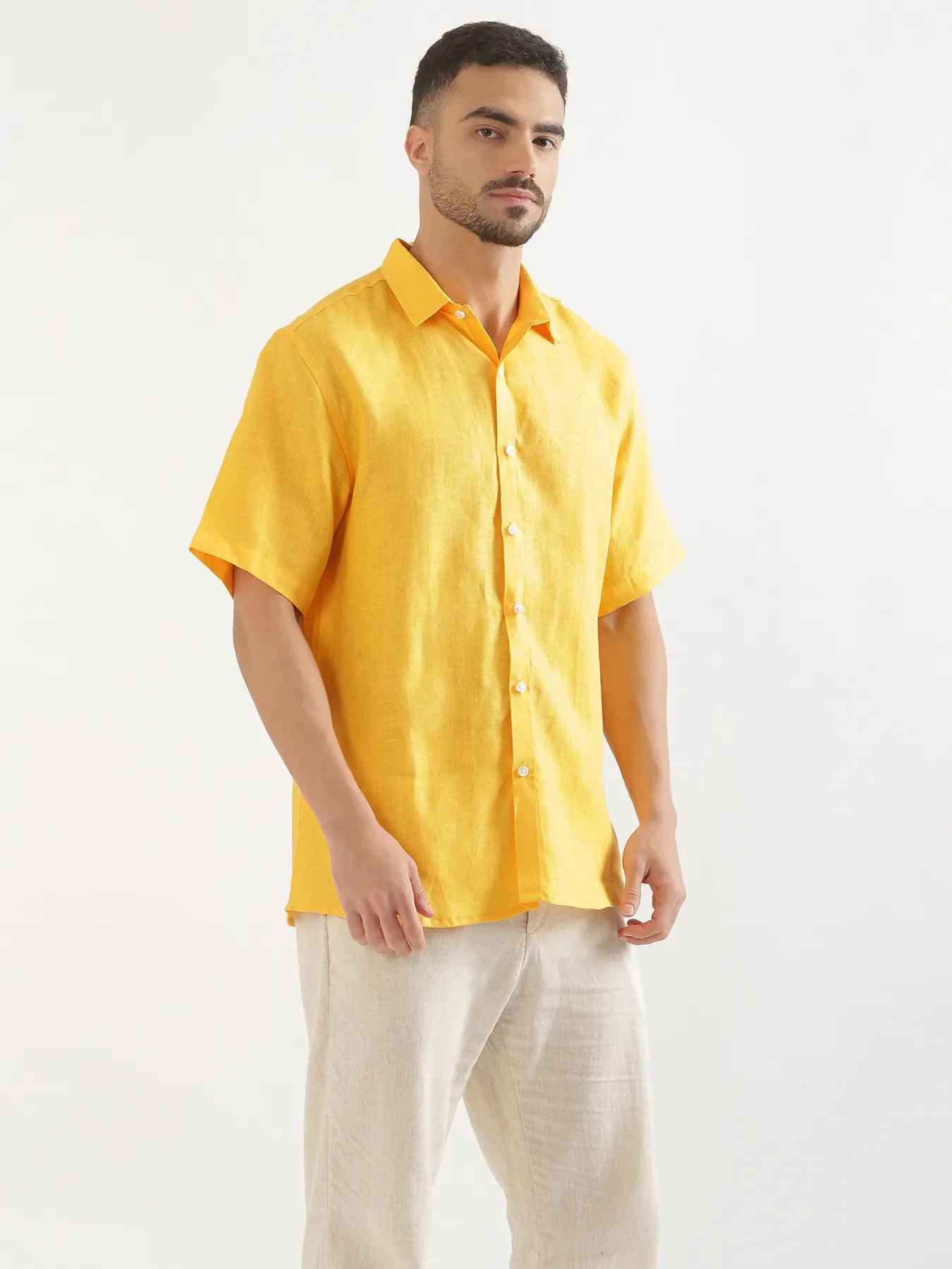 Men Mango Yellow 100% Linen Half Sleeve Shirt - Image 4