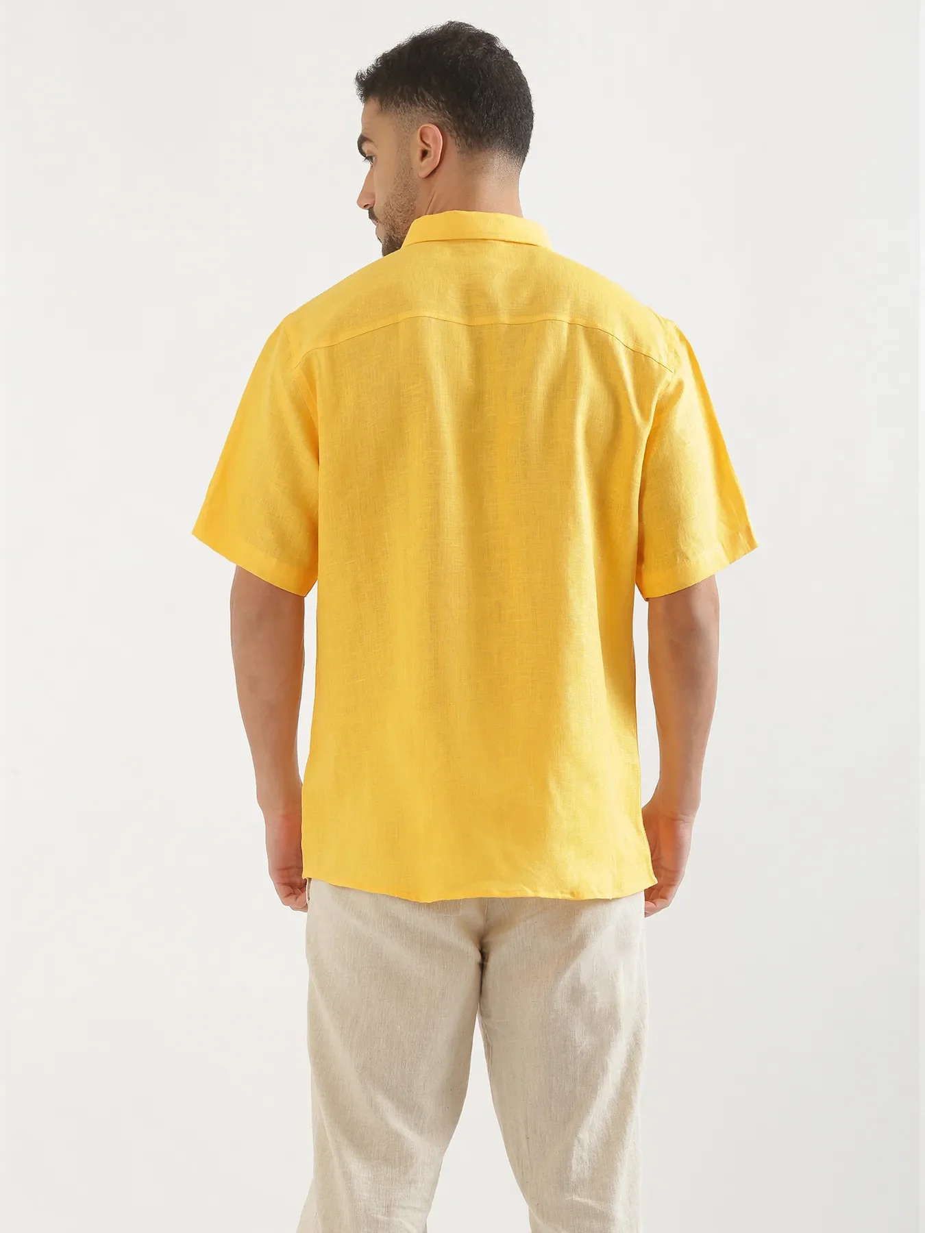 Men Mango Yellow 100% Linen Half Sleeve Shirt - Image 5