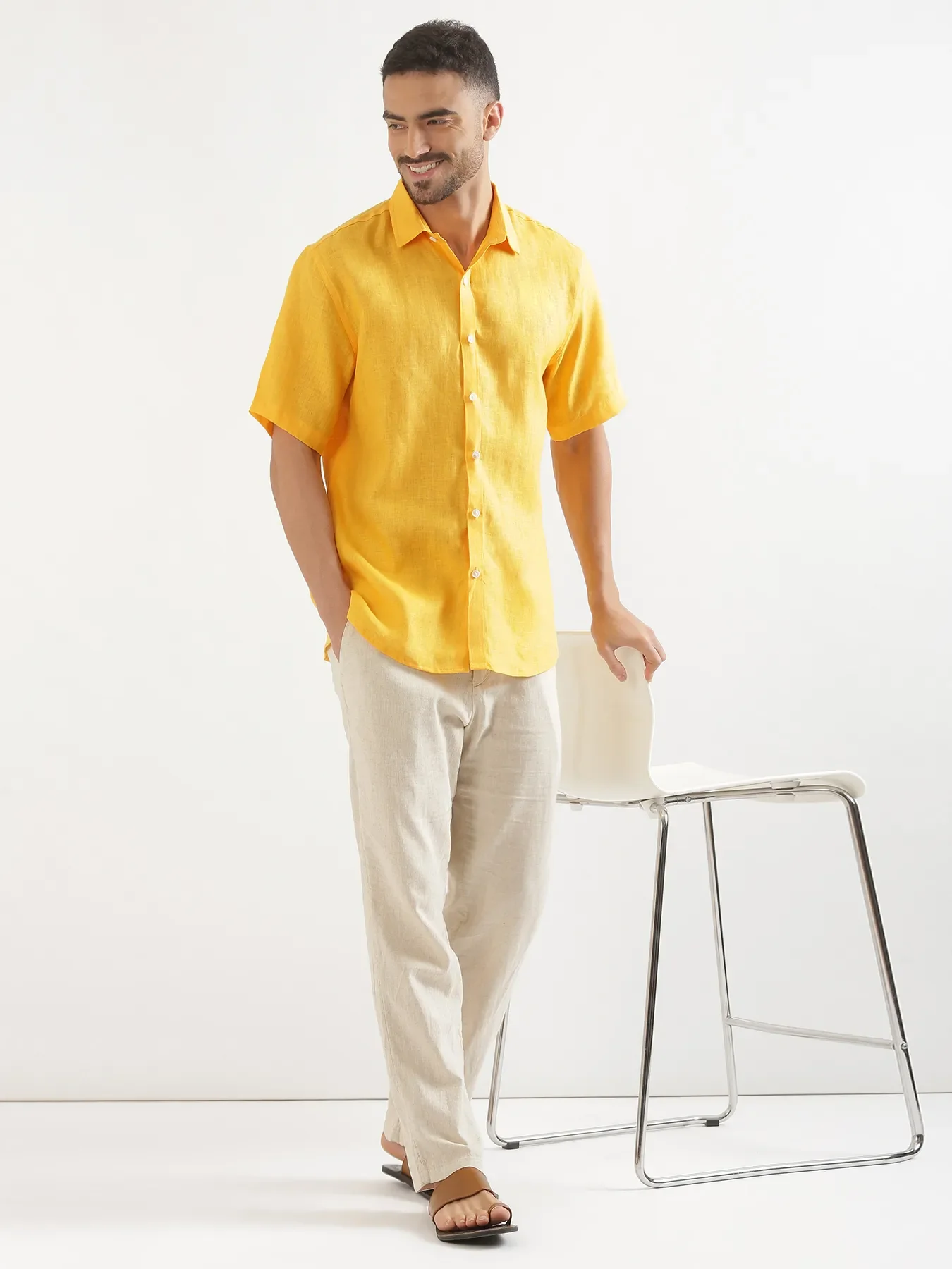 Men Mango Yellow 100% Linen Half Sleeve Shirt - Image 7