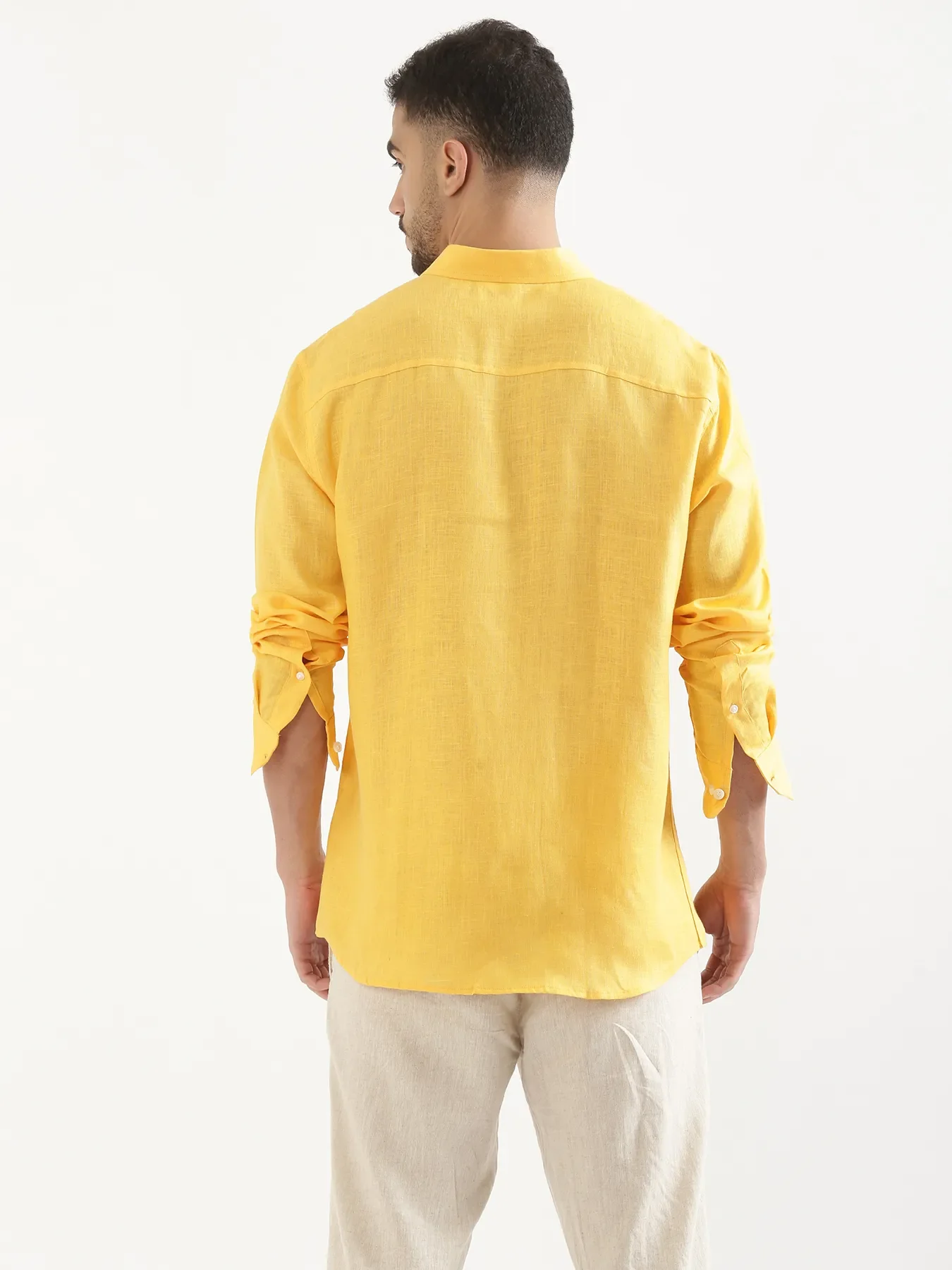 Men Mango Yellow 100% Full Sleeve Linen Shirt - Image 7