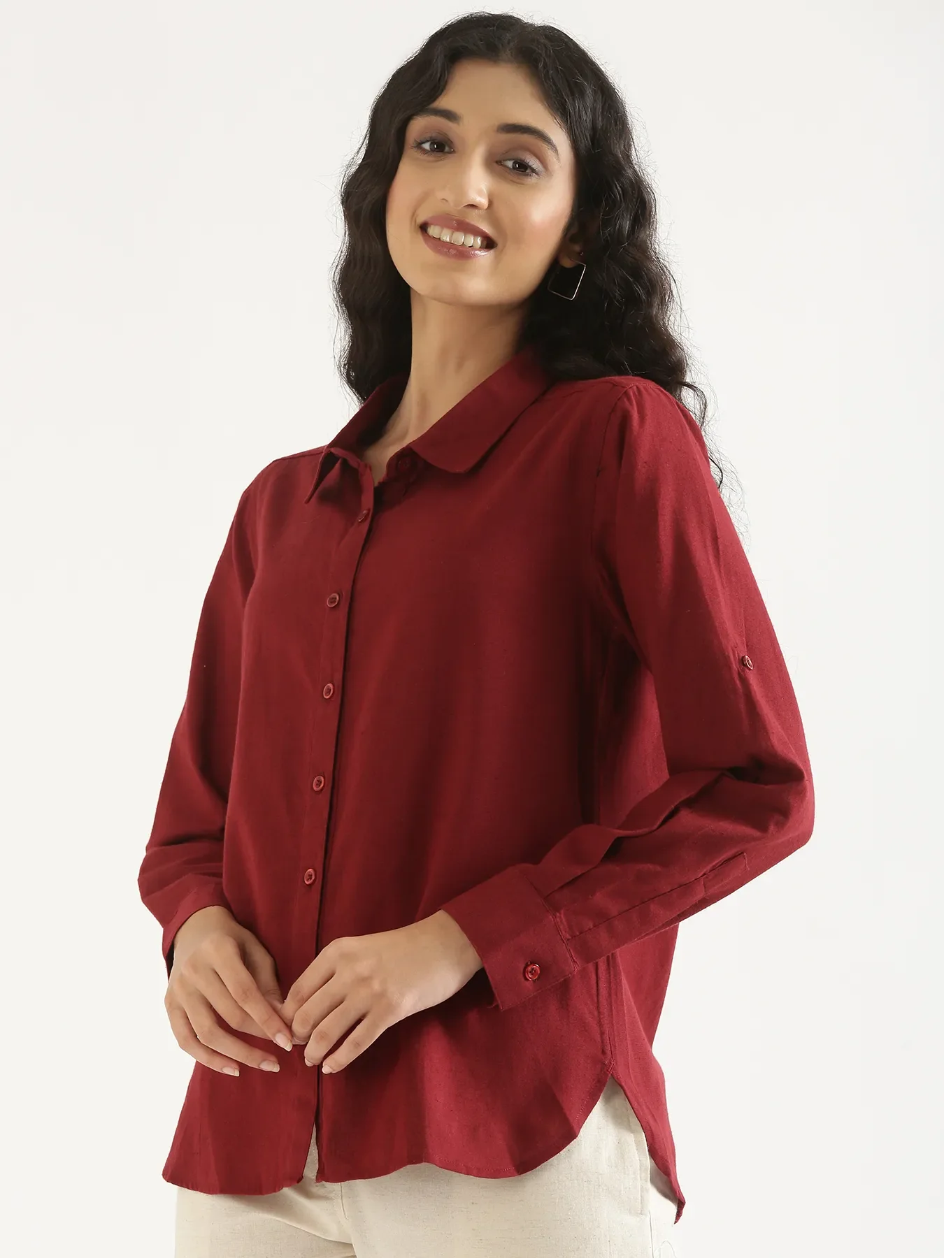 Women Maroon Airy-Linen Shirt - Image 2