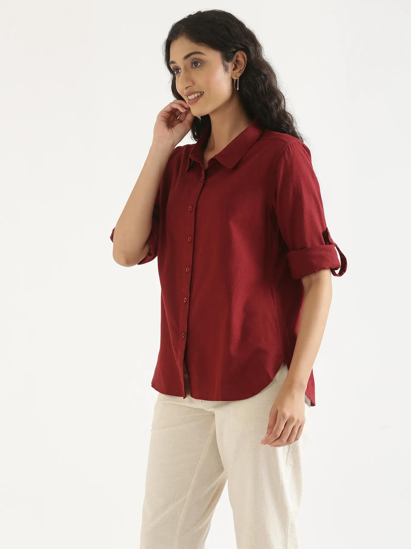Women Maroon Airy-Linen Shirt - Image 3