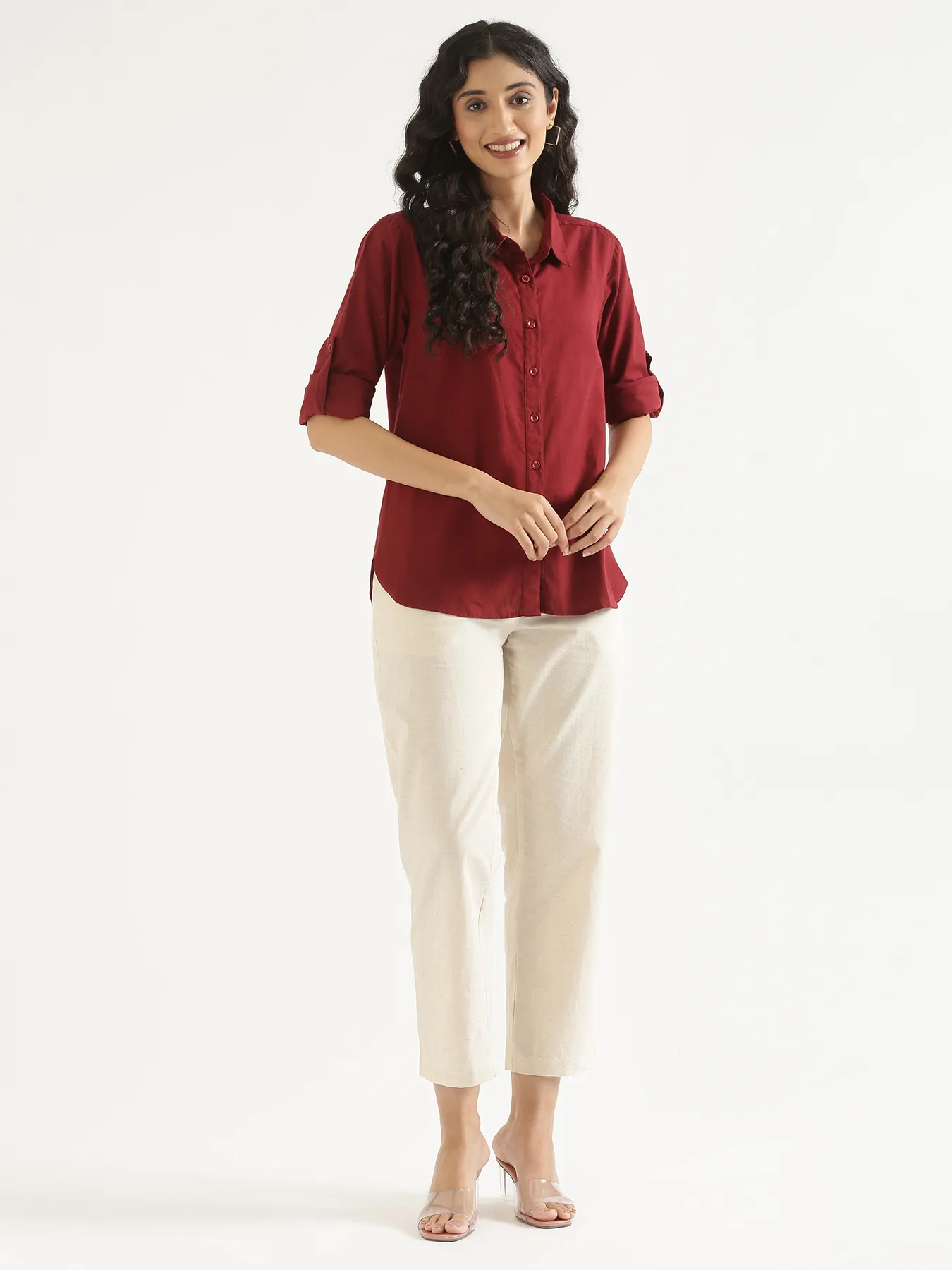 Women Maroon Airy-Linen Shirt - Image 9
