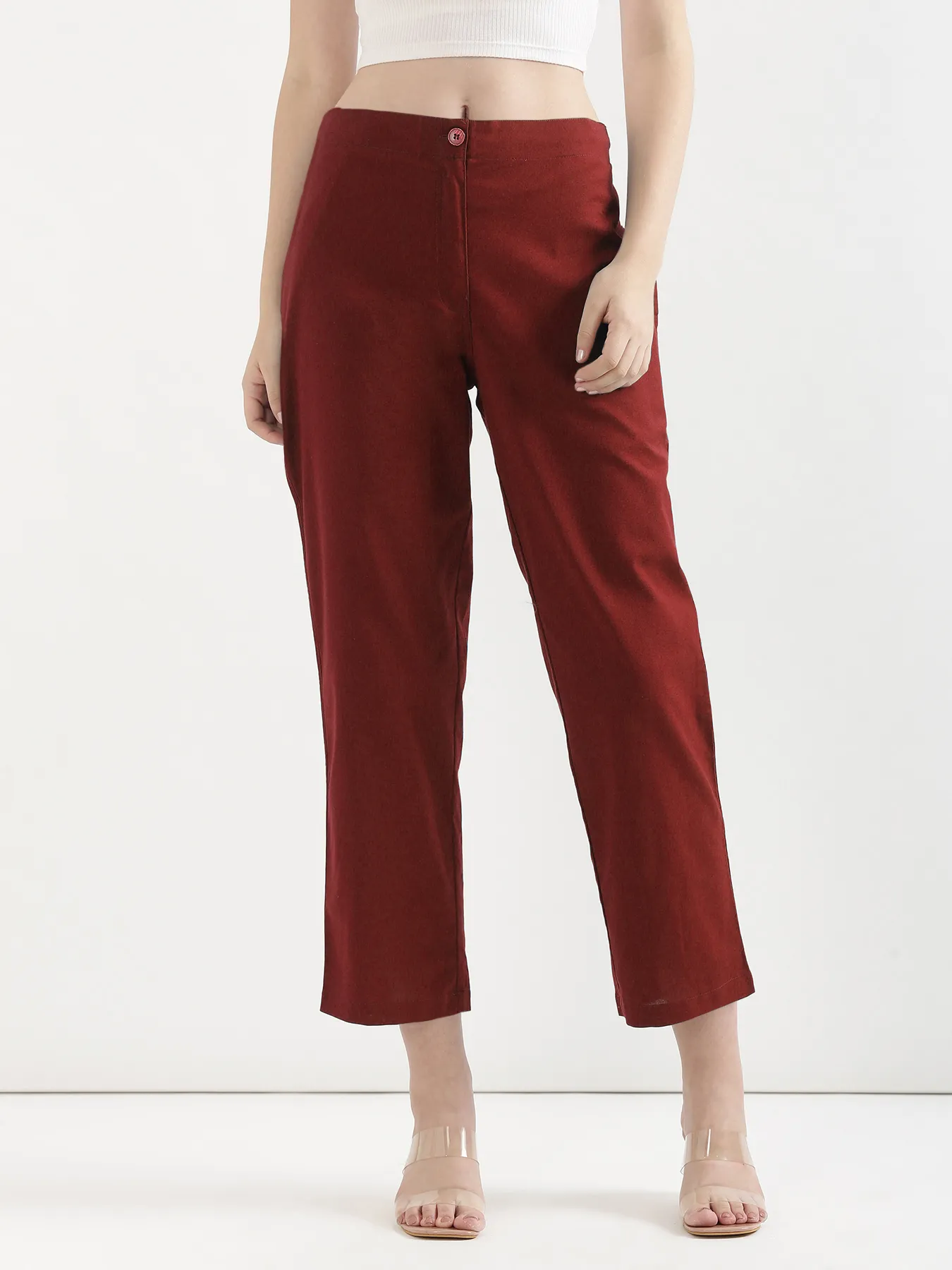 Women Maroon Airy Linen Straight Pants