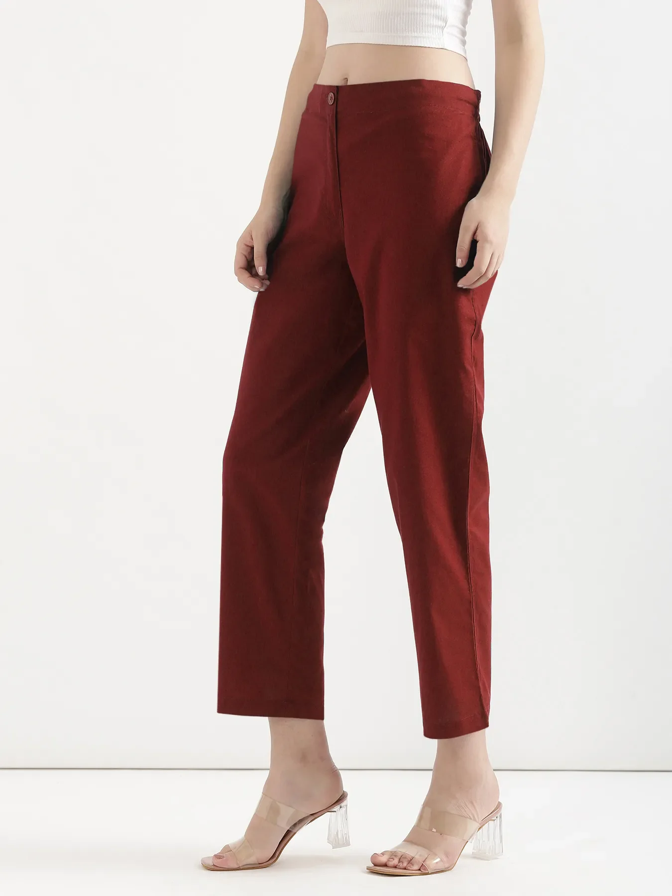 Women Maroon Airy Linen Straight Pants - Image 2