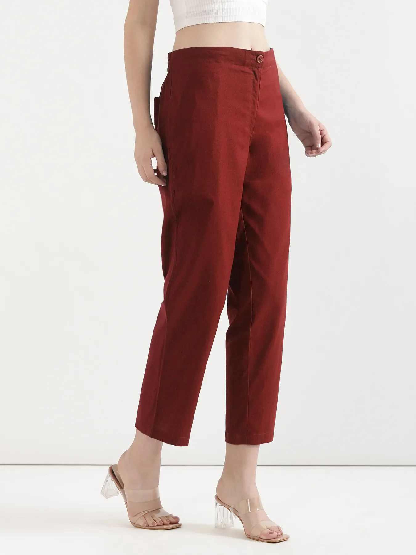 Women Maroon Airy Linen Straight Pants - Image 3