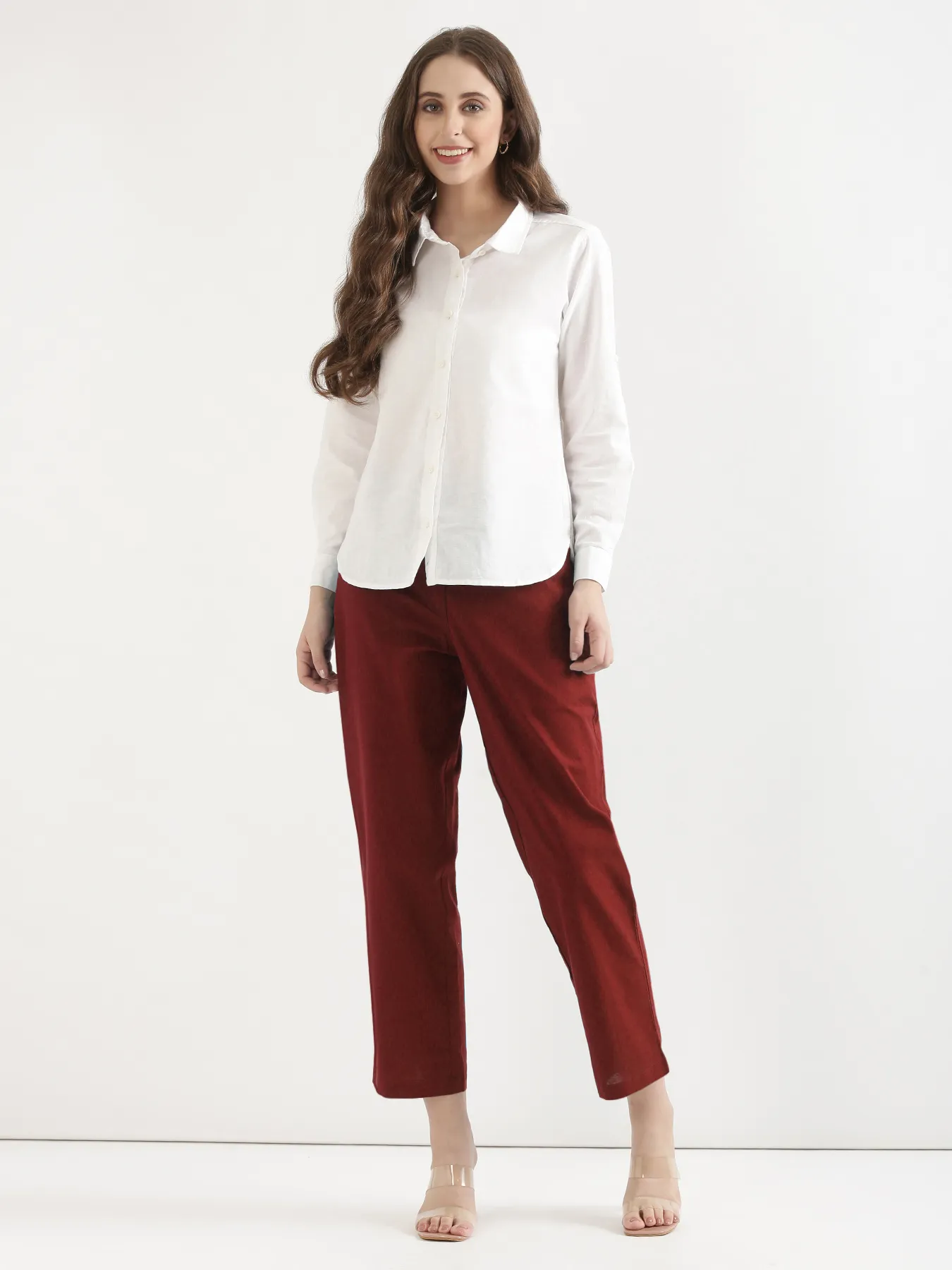 Women Maroon Airy Linen Straight Pants - Image 5