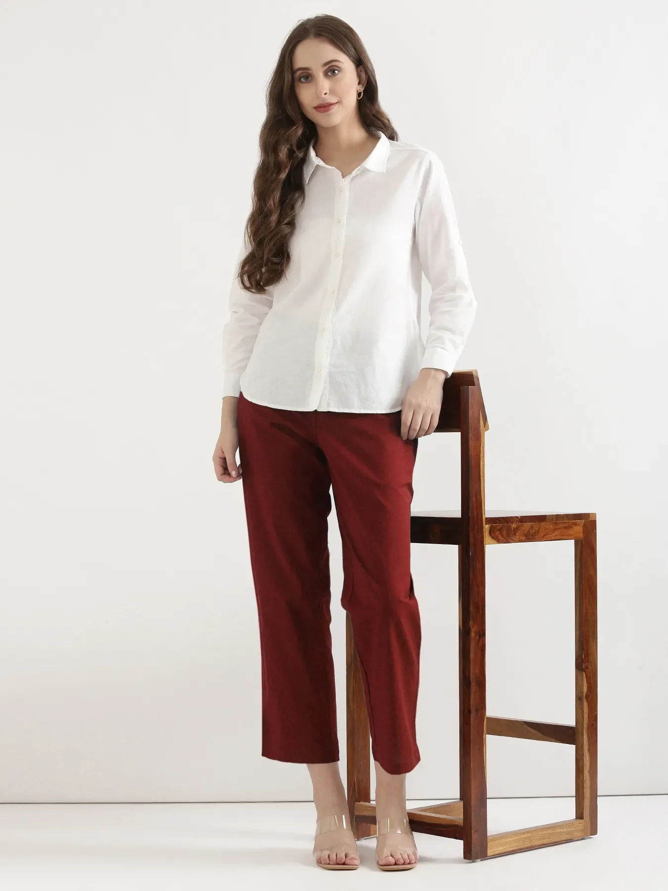 Women Maroon Airy Linen Straight Pants - Image 6