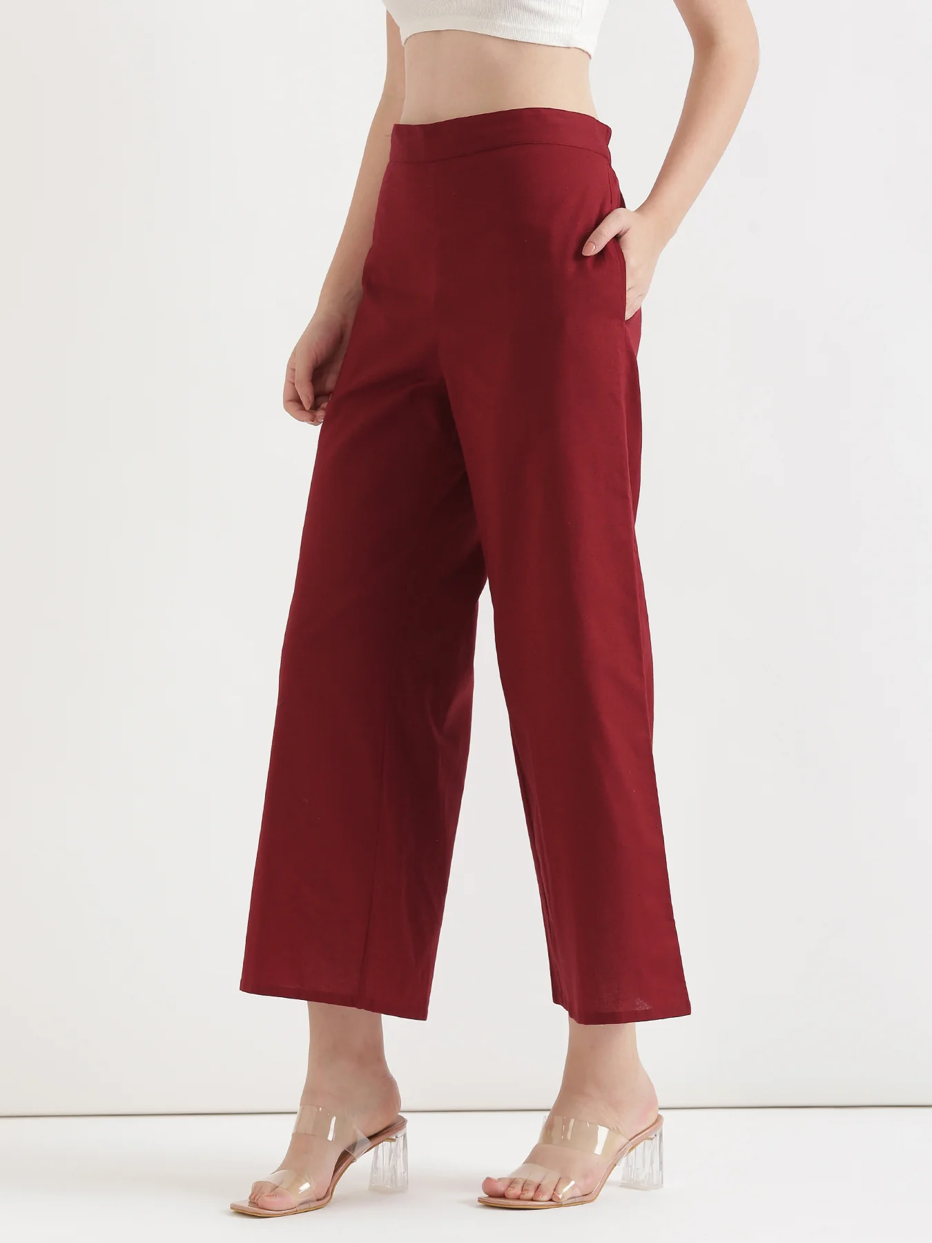 Women Maroon Airy Linen Wide Leg Pant - Image 3