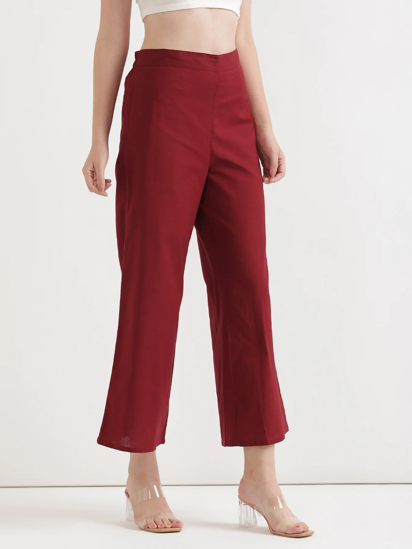Women Maroon Airy Linen Wide Leg Pant - Image 4