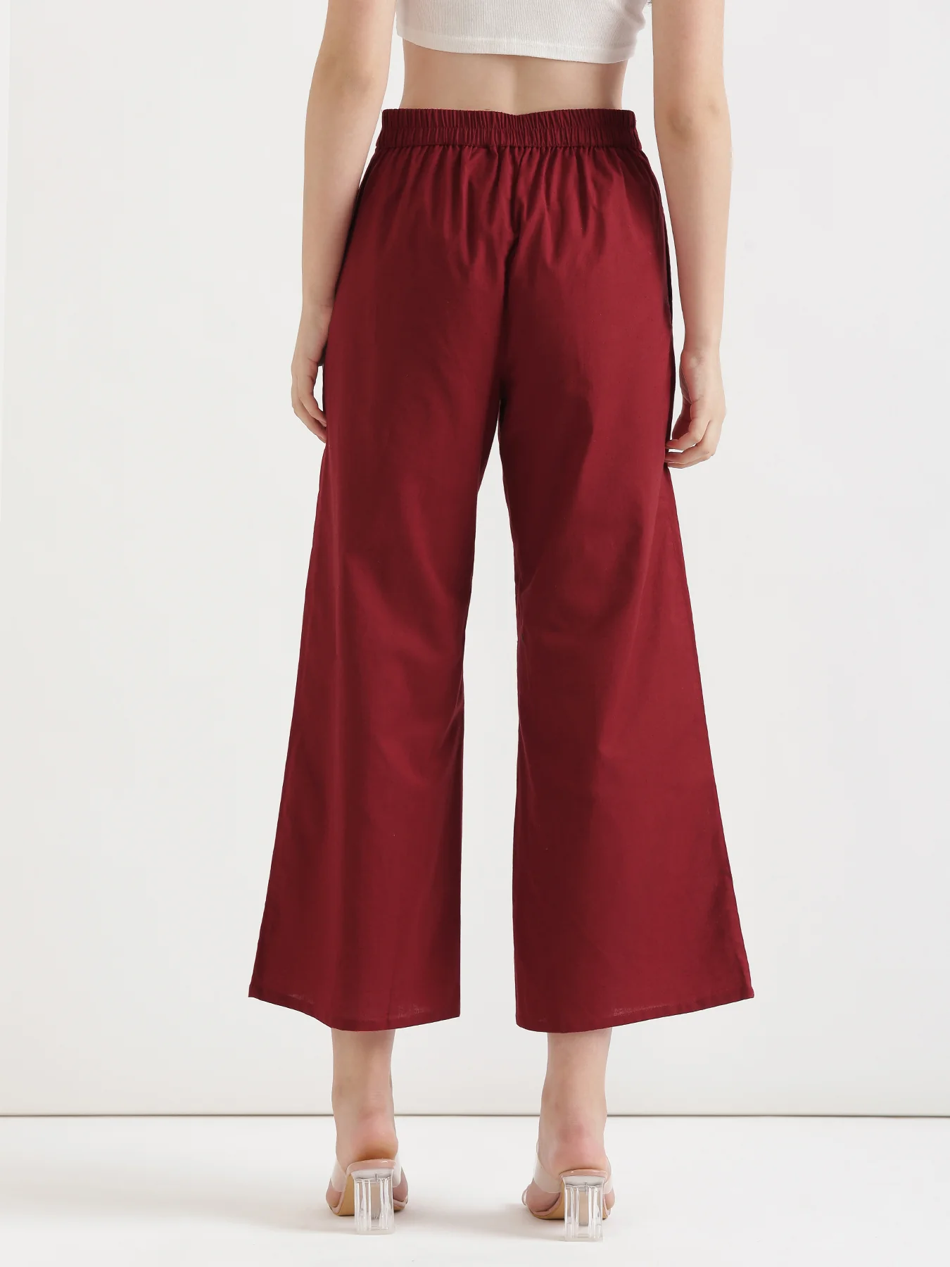 Women Maroon Airy Linen Wide Leg Pant - Image 5