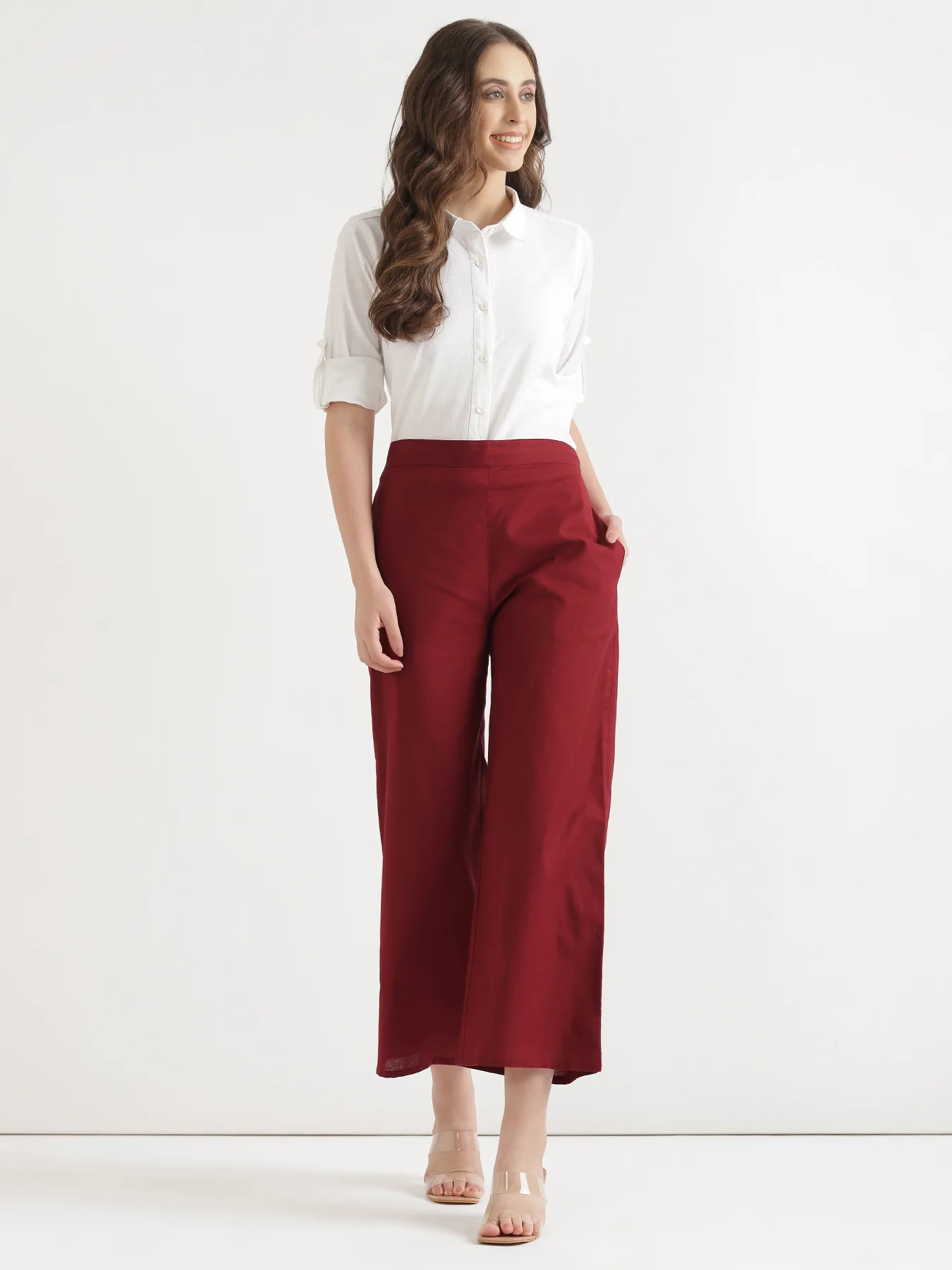 Women Maroon Airy Linen Wide Leg Pant - Image 6