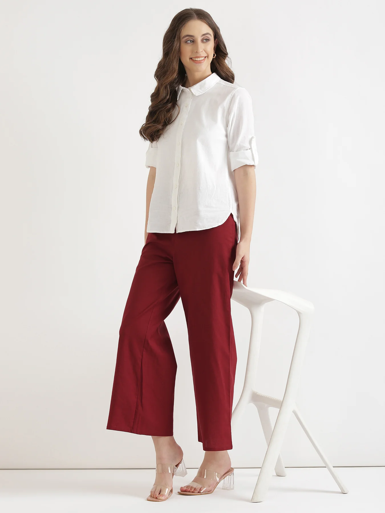 Women Maroon Airy Linen Wide Leg Pant - Image 7