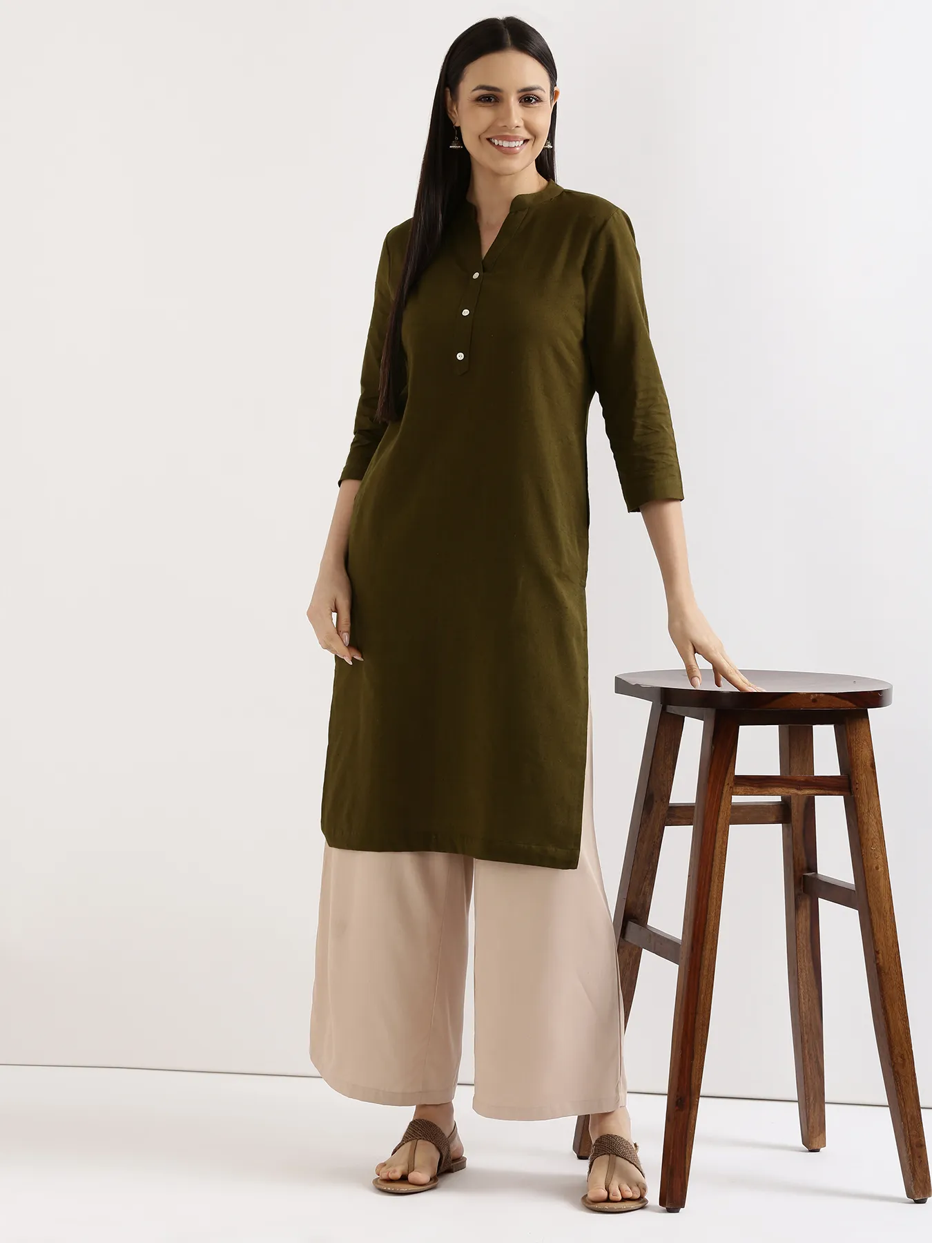 Women Olive Green Airy Linen Long Kurta & Beige Viscose Palazzo Pant Set - Image 11
