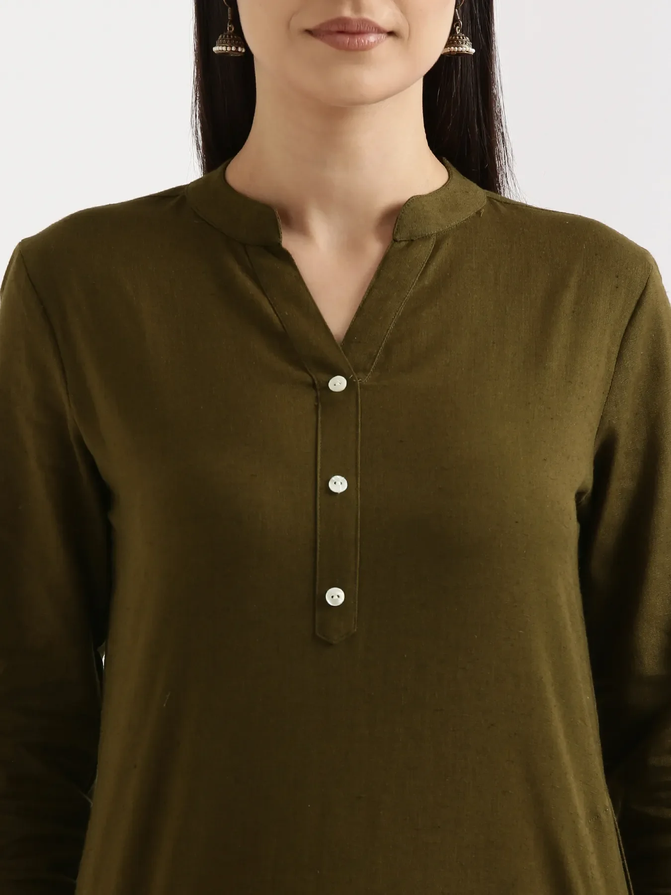 Women Olive Green Airy Linen Long Kurta & Beige Viscose Palazzo Pant Set - Image 5
