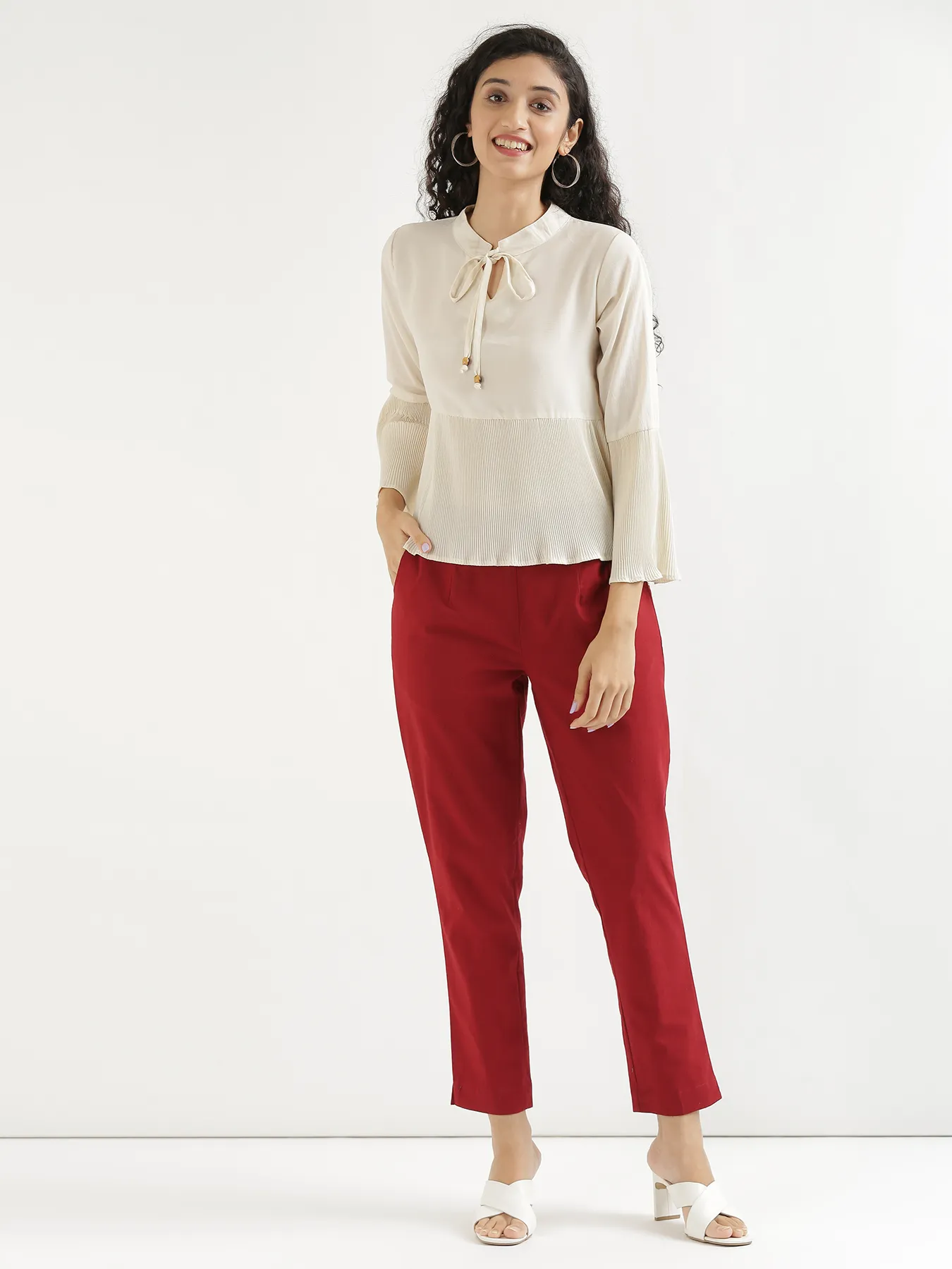Women Maroon Cotton Pant - Image 3