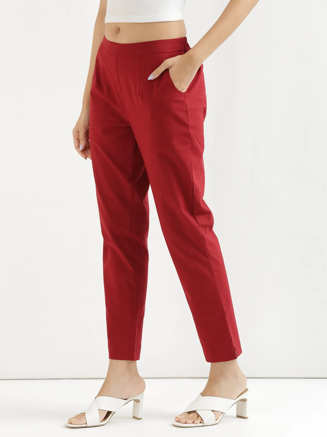 Women Maroon Cotton Pant - Image 7