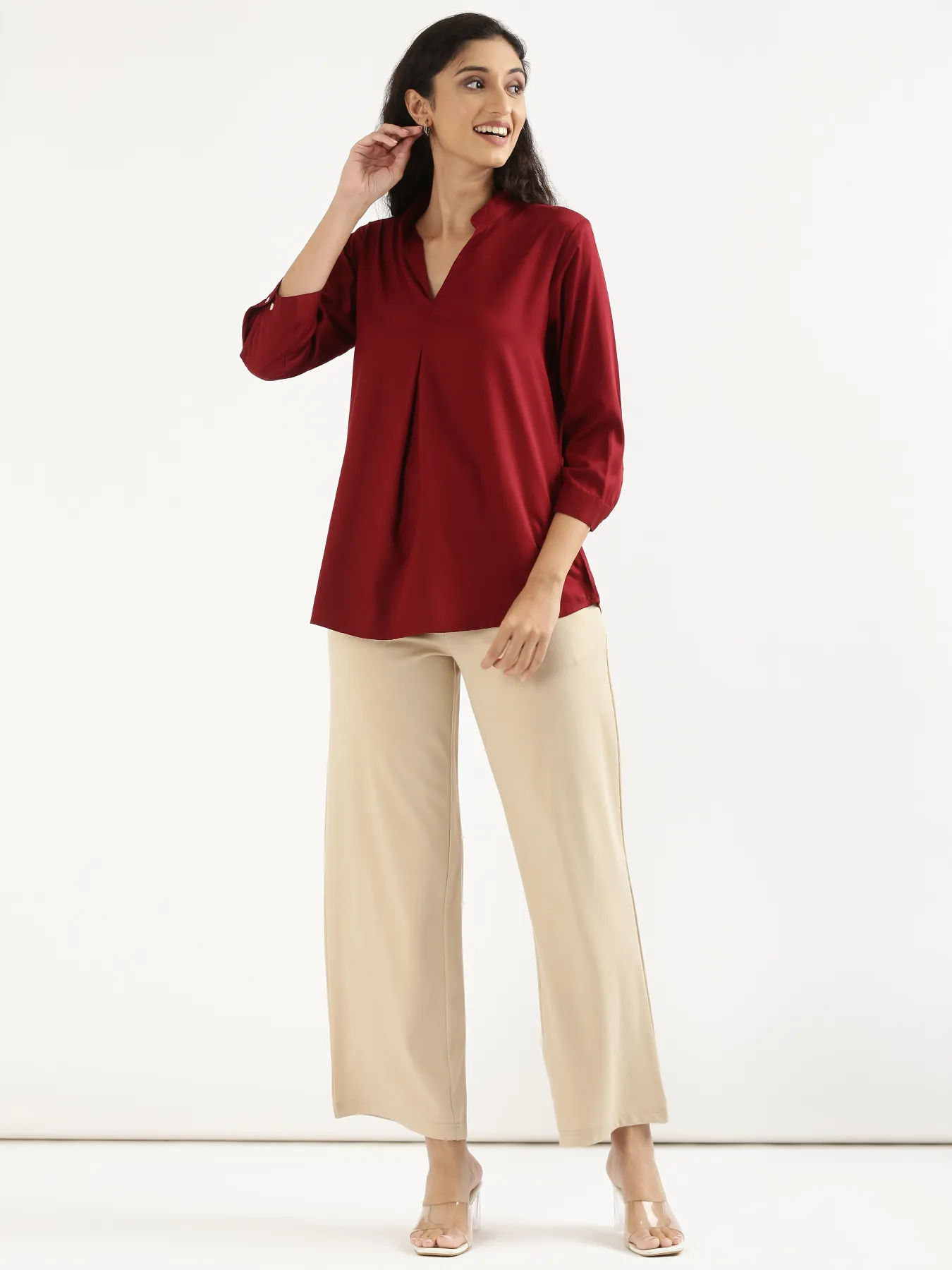 Women Maroon Viscose Pleated Top - Image 3