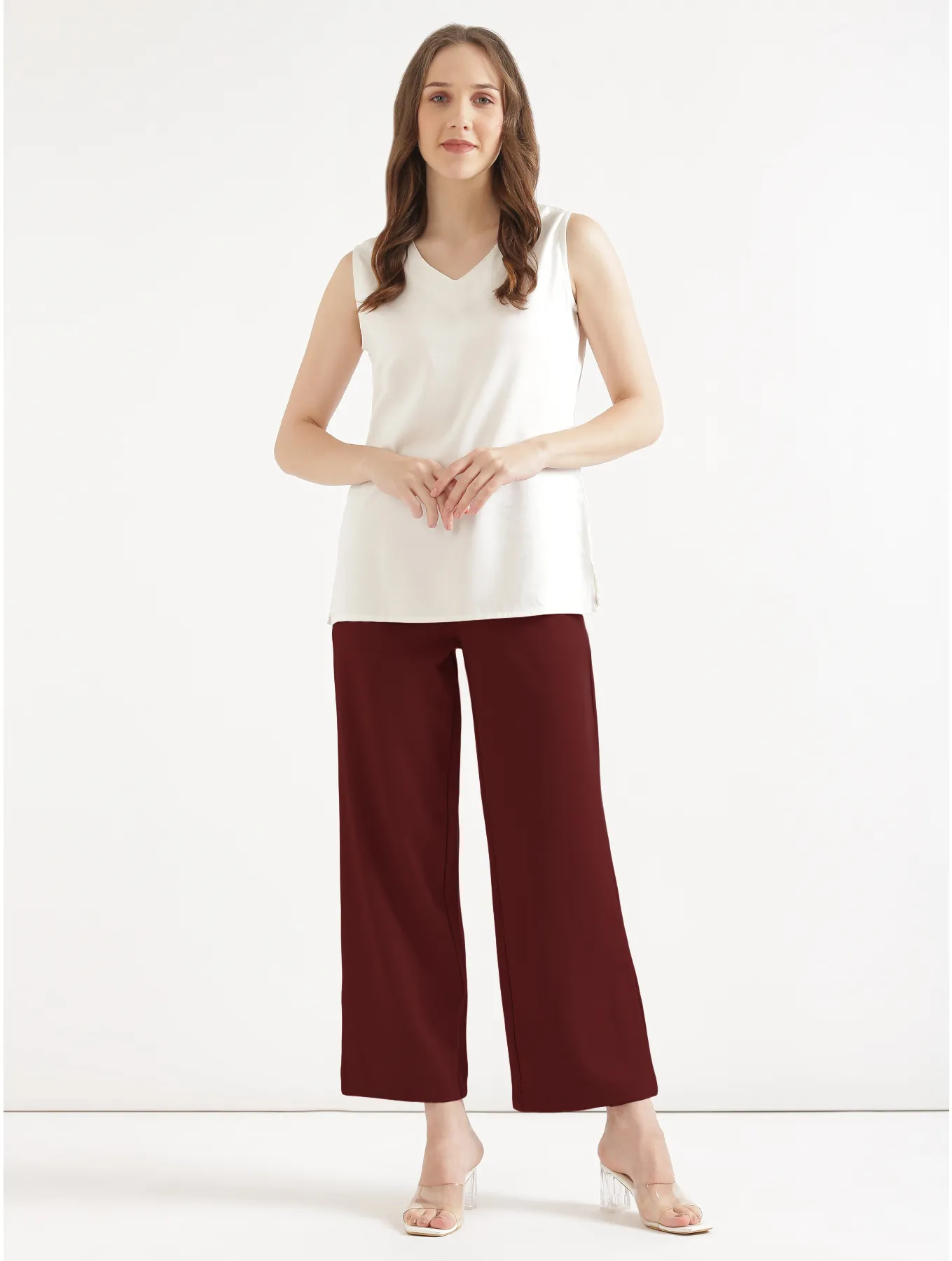 Women Maroon Wide Leg Pants - Image 3