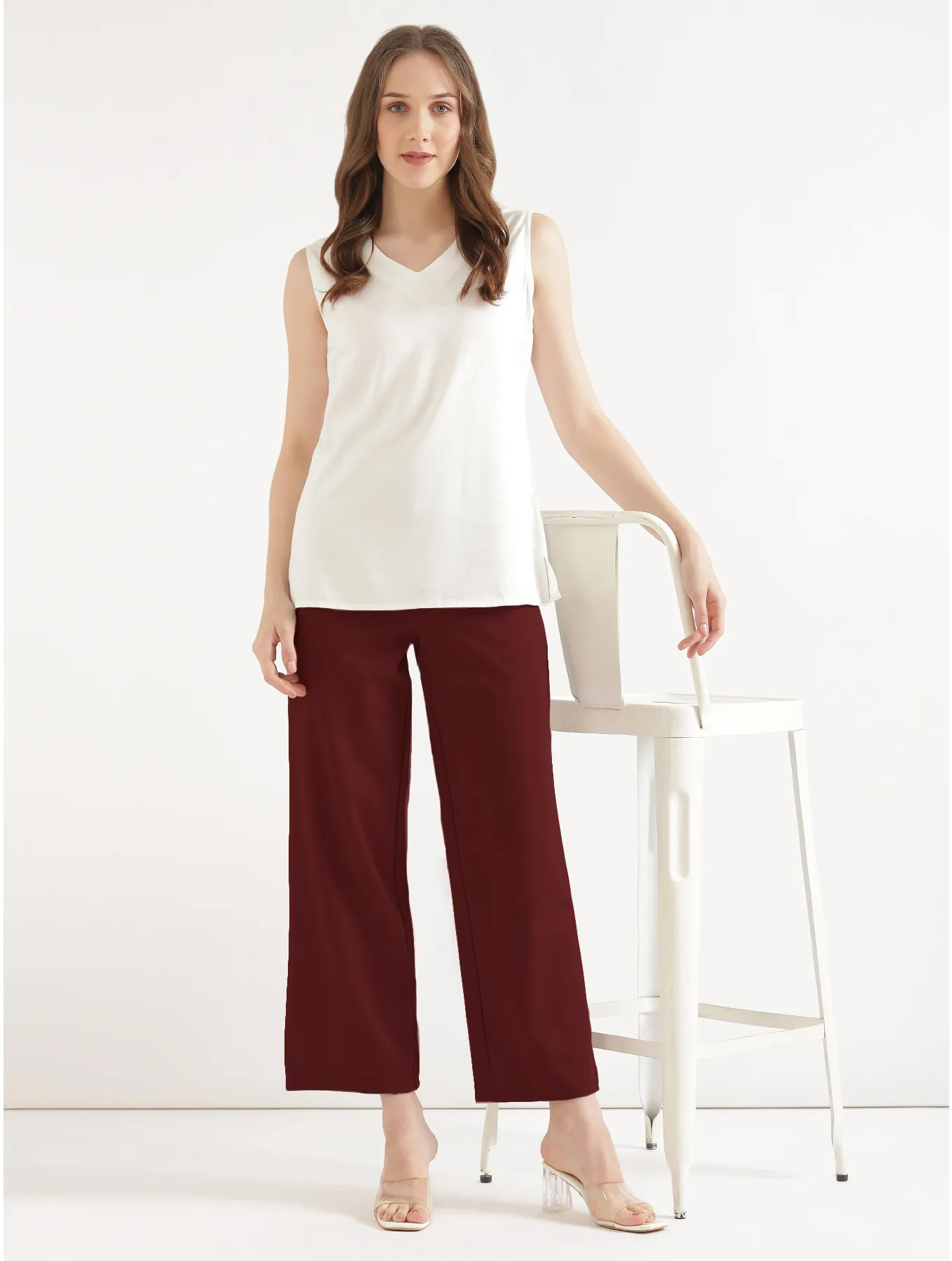 Women Maroon Wide Leg Pants - Image 9