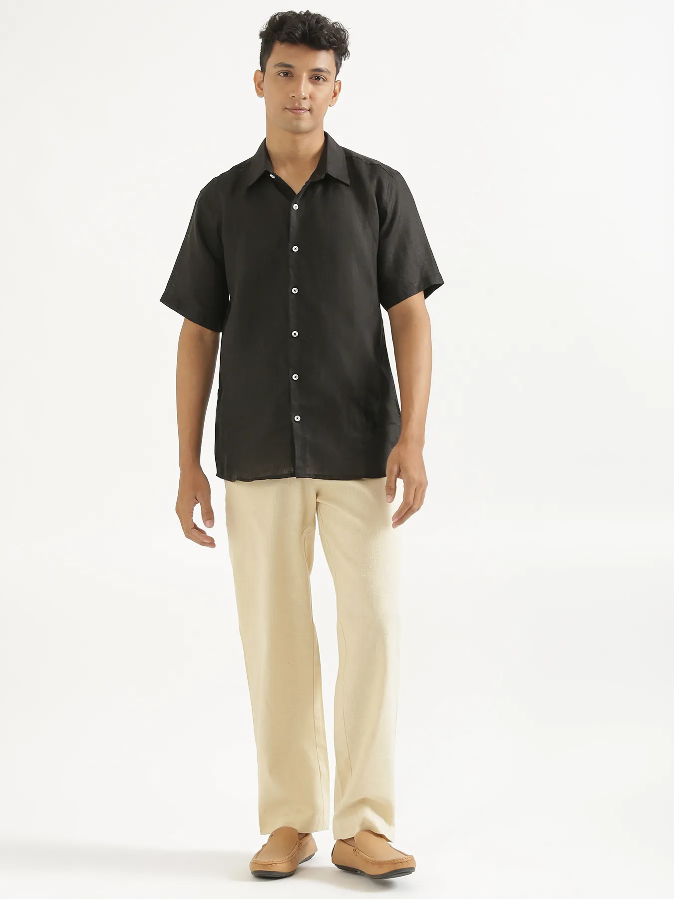 Men Beige Linen Blend Straight Pant - Image 3